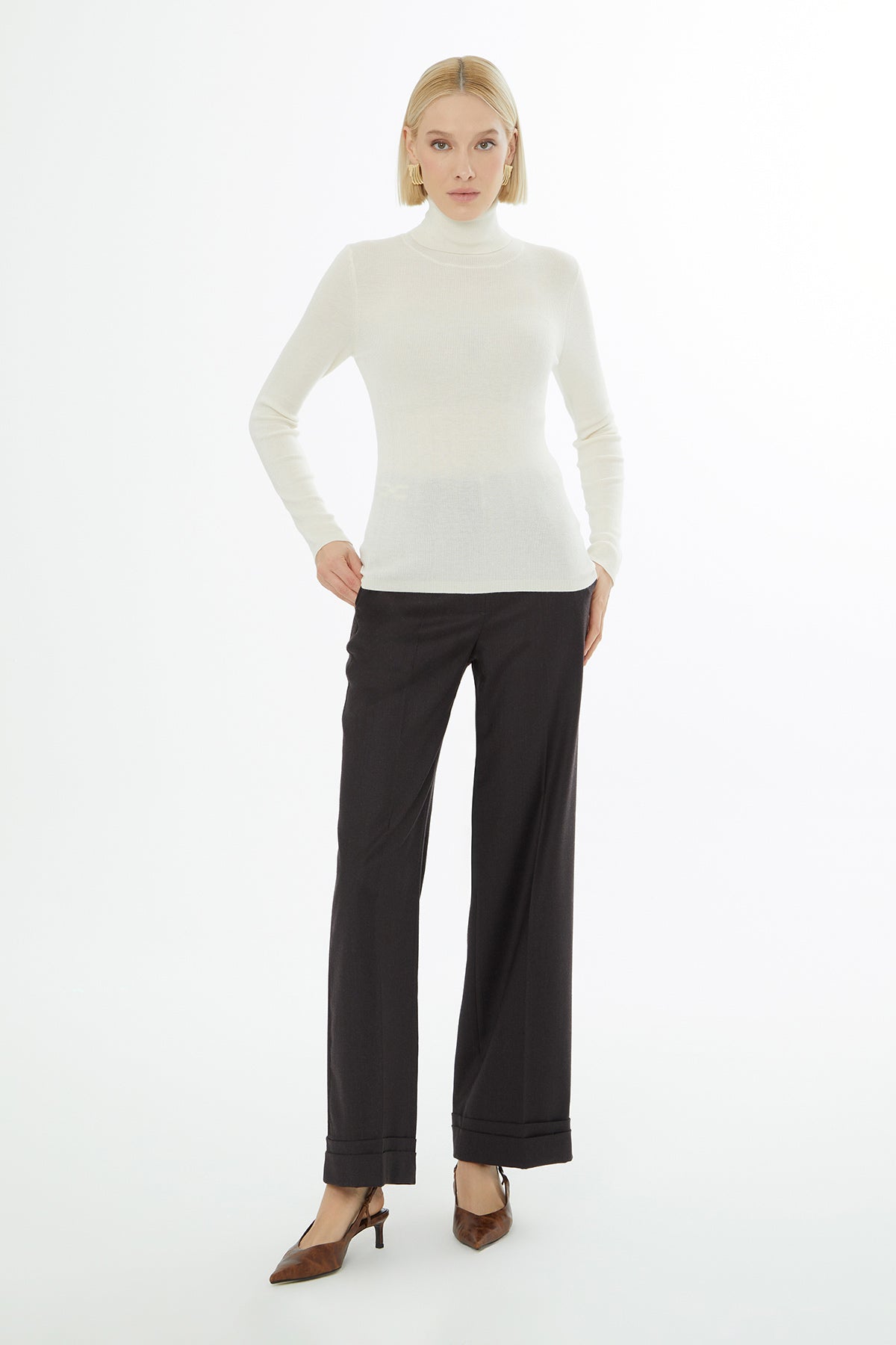 Ecru High-Neck Knit Sweater