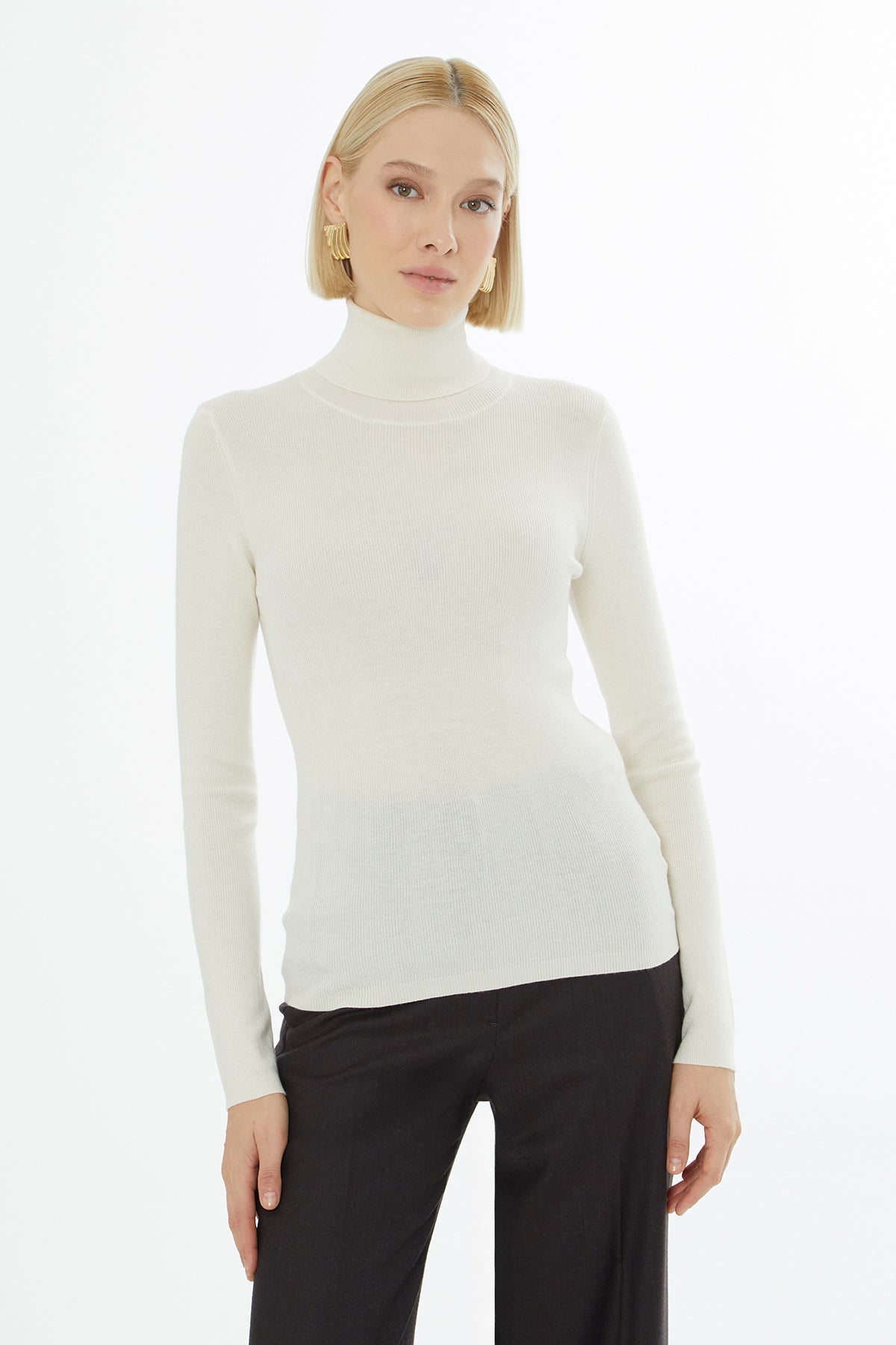 Ecru High-Neck Knit Sweater