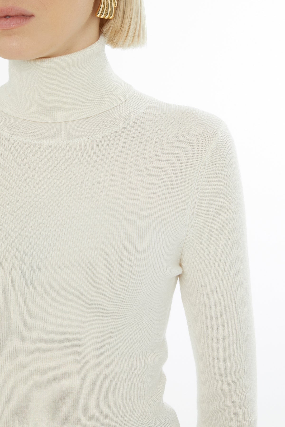 Ecru High-Neck Knit Sweater