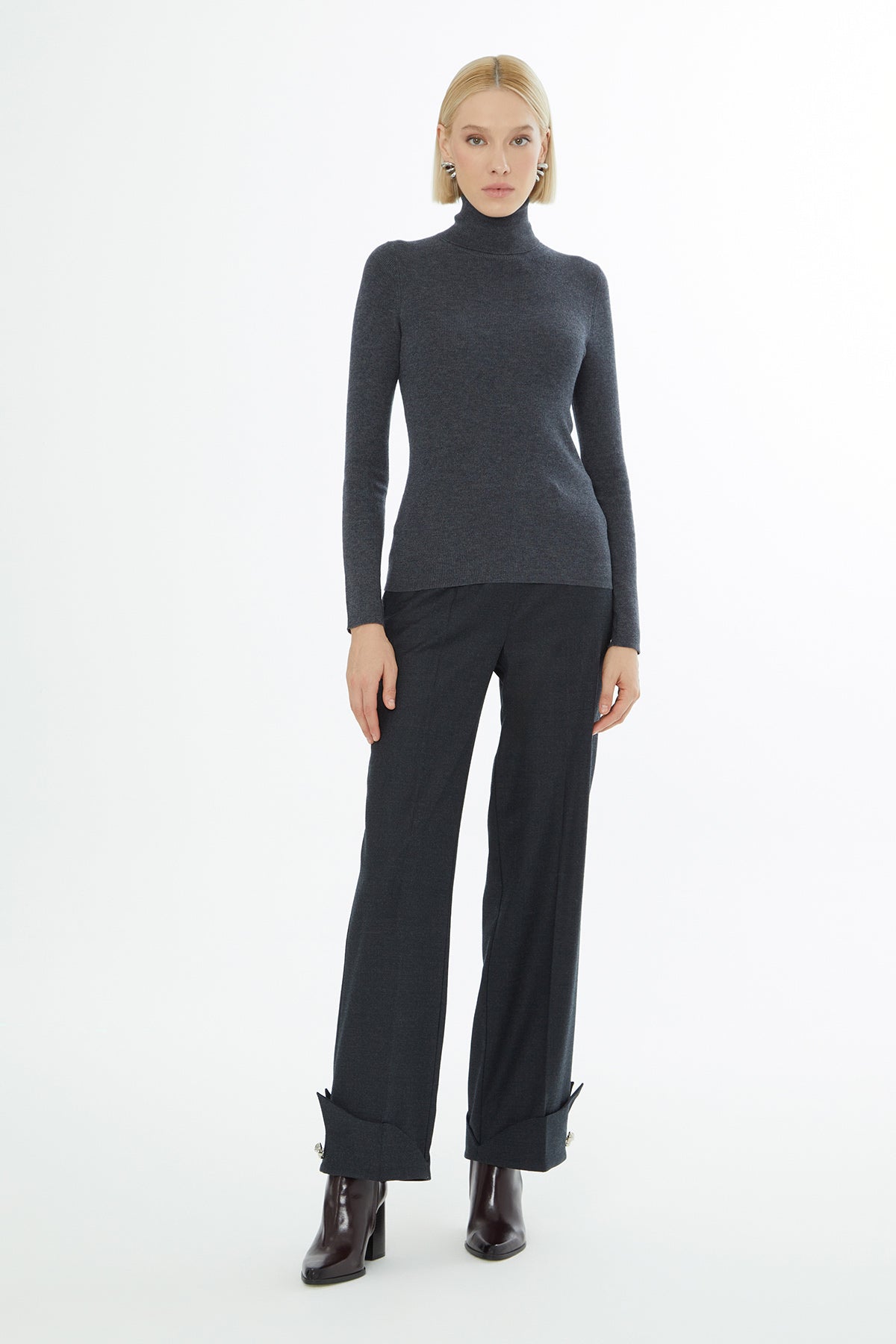 Grey High-Neck Knit Sweater