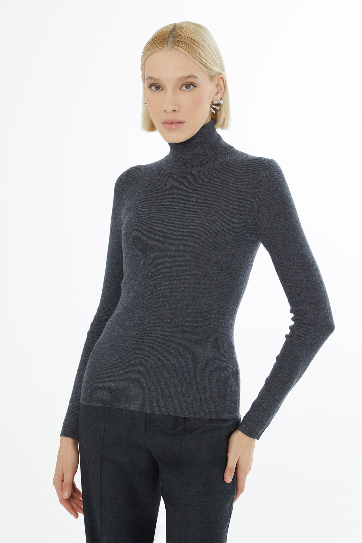 Grey High-Neck Knit Sweater
