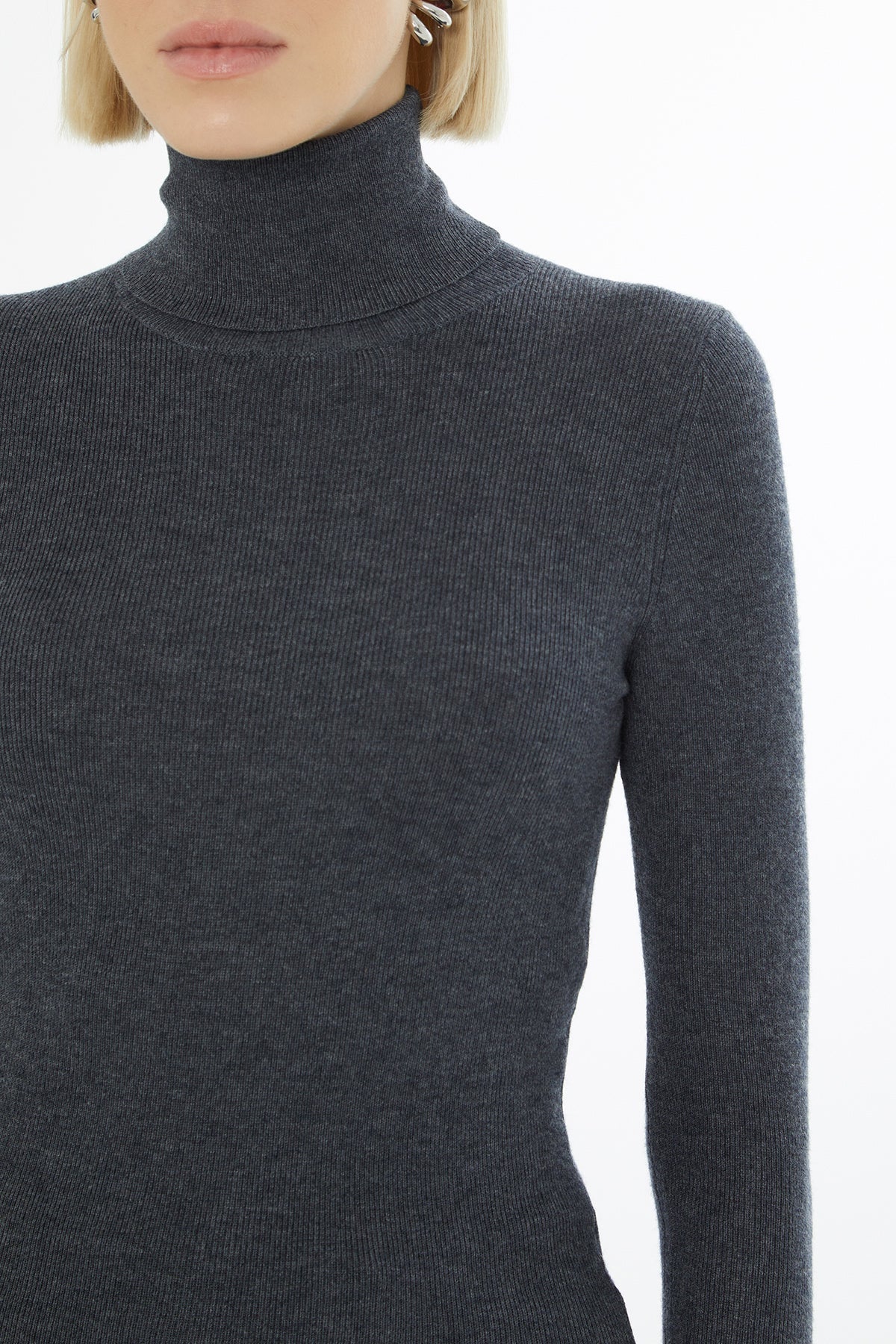 Grey High-Neck Knit Sweater