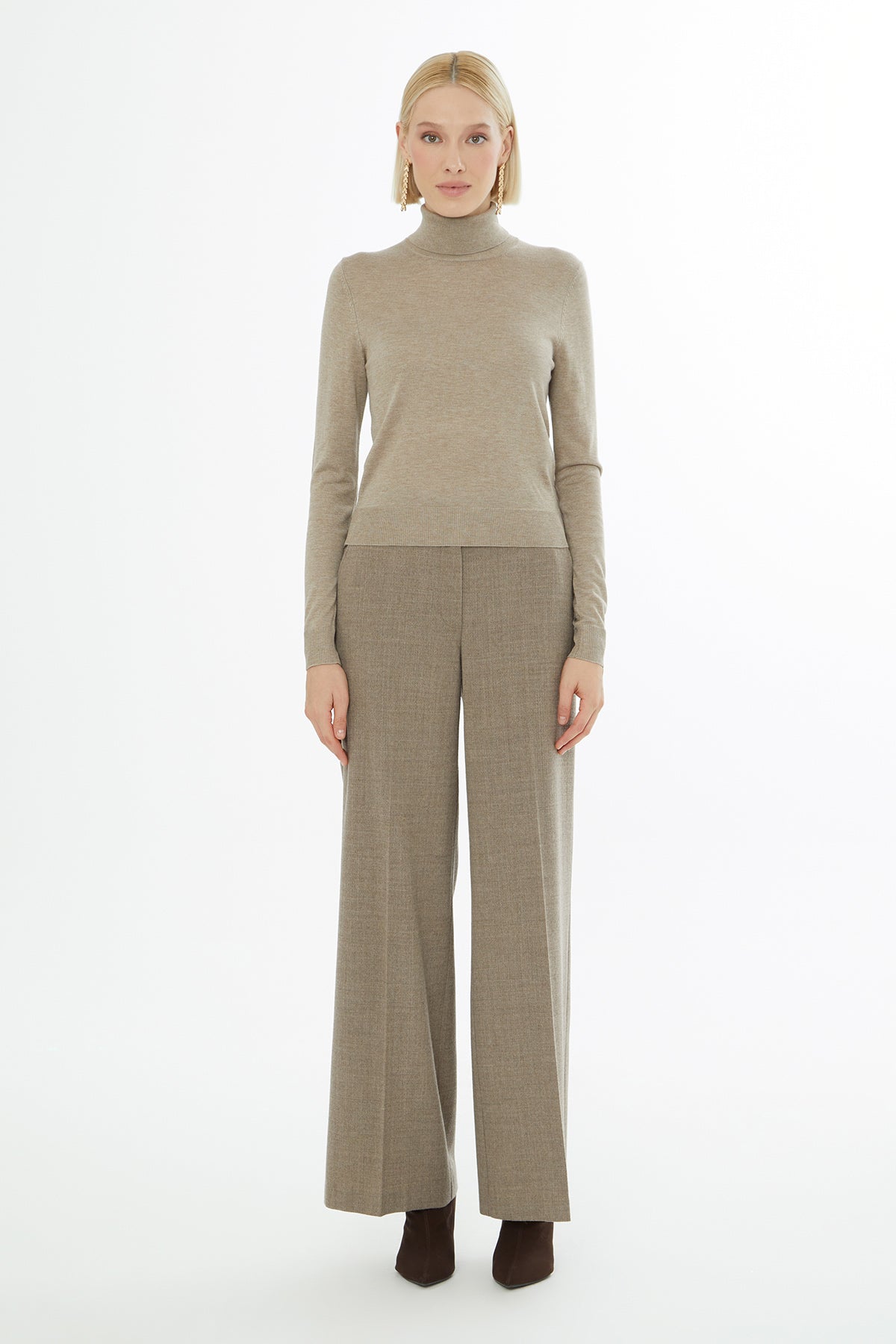 Beige Turtleneck Knit Sweater