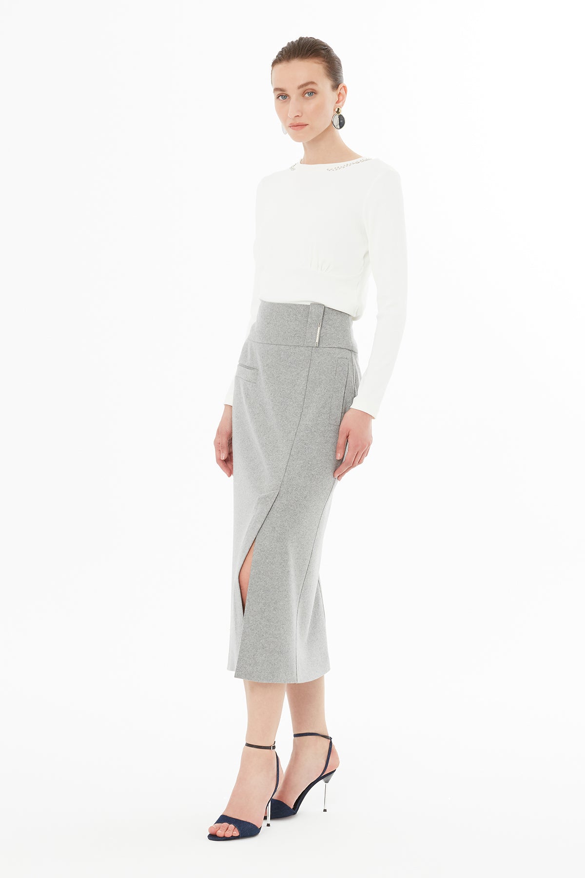 Skirt with Front Slit, Pockets and Belt Detail N