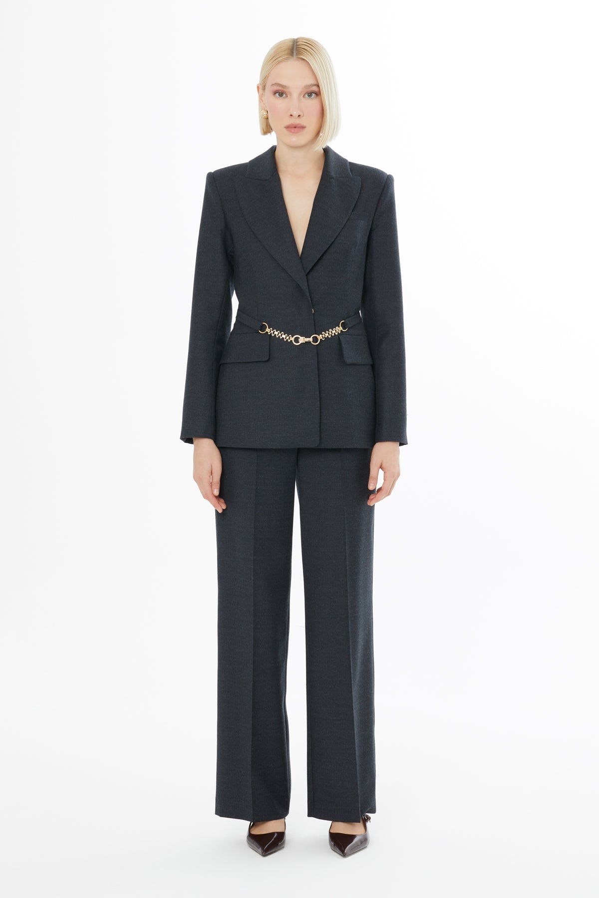 Gray Jacket with Chain Accessory Detail