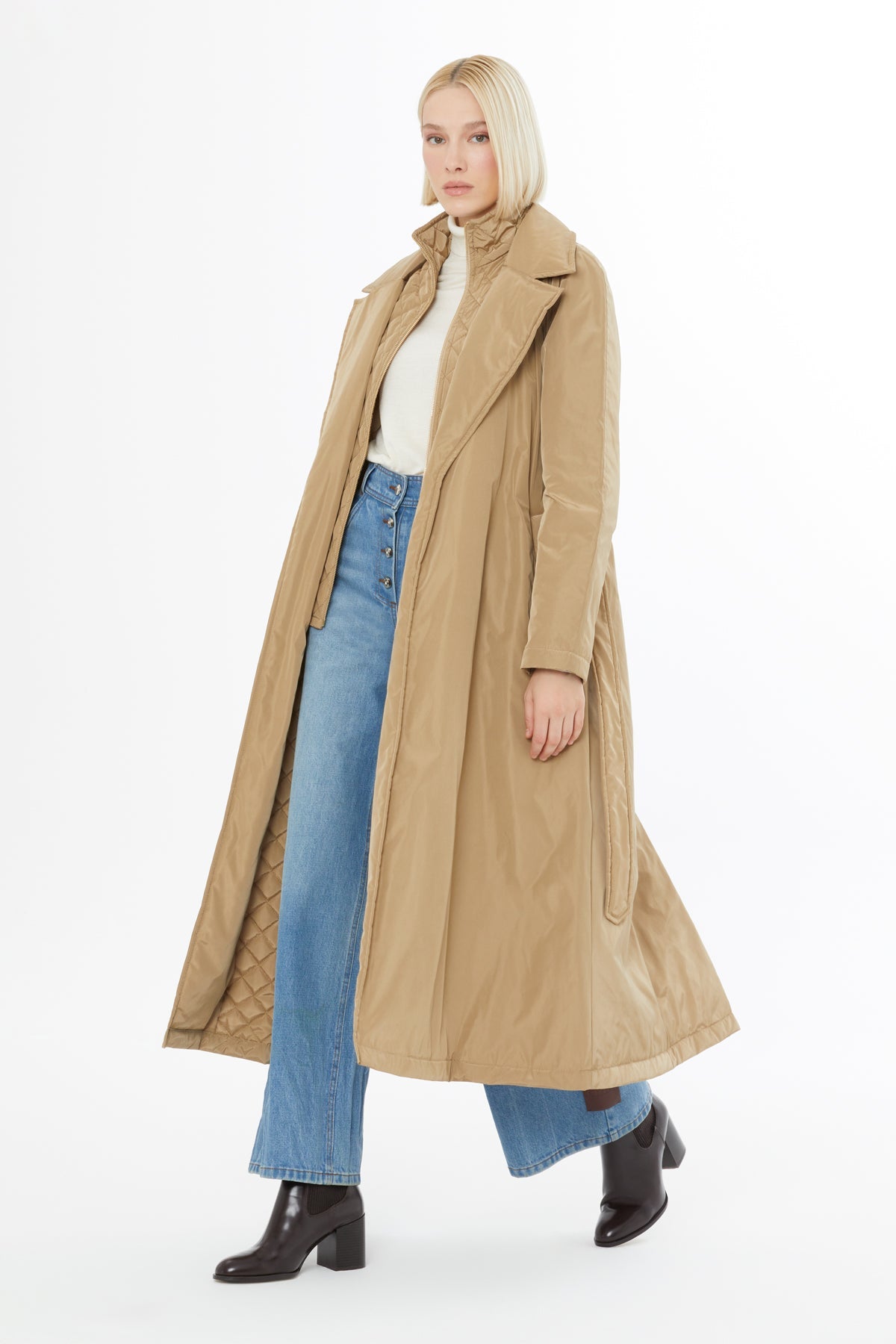 Belted Long Beige Trench Coat