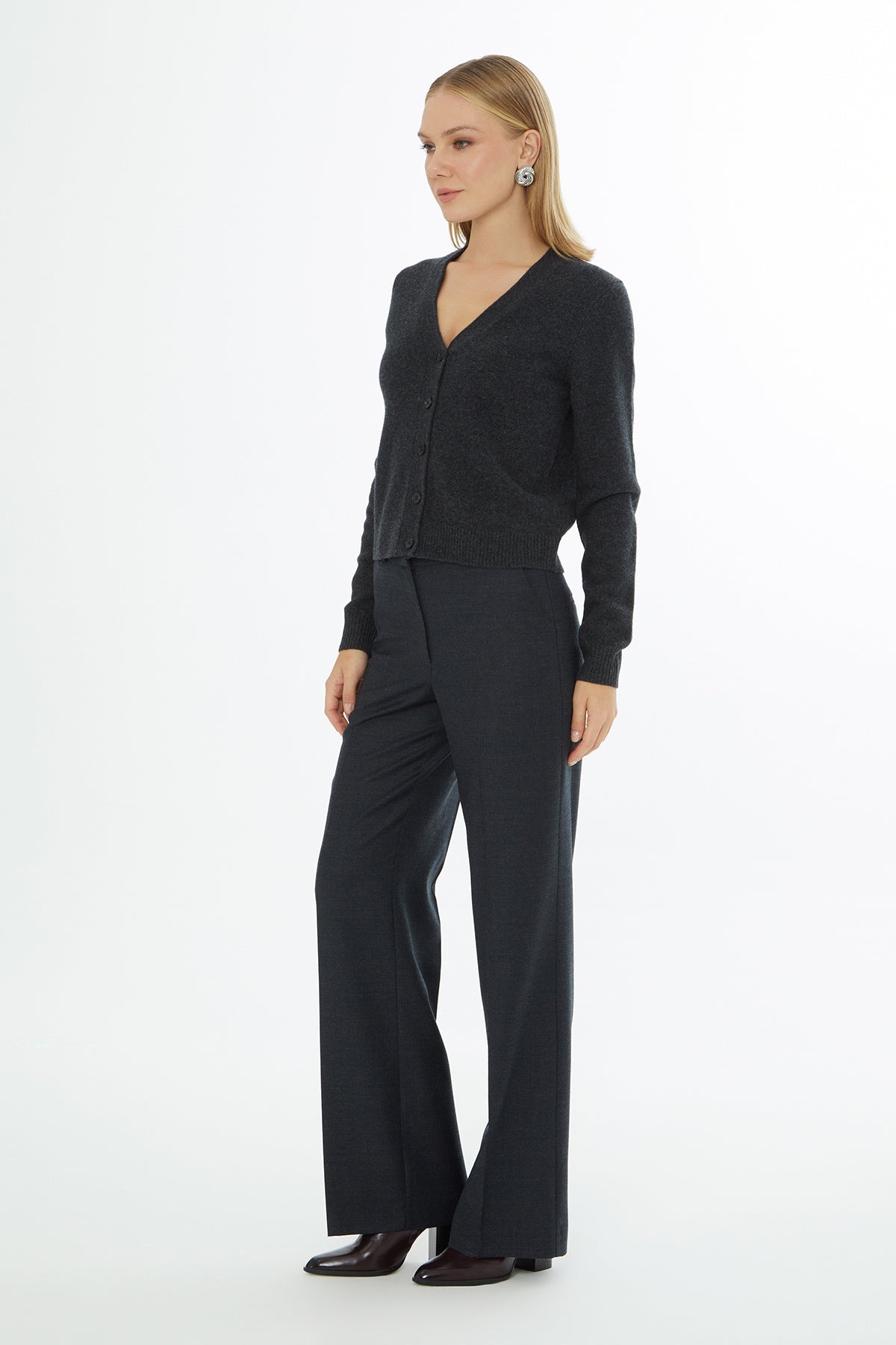 Grey V-Neck Cardigan with Button Closure
