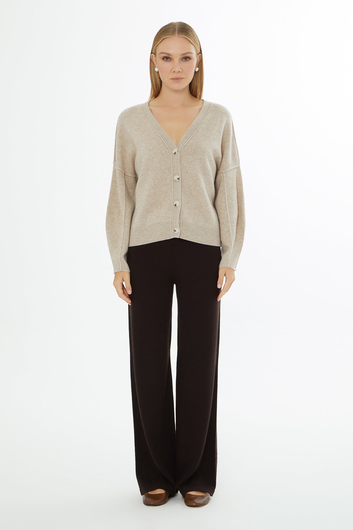 Beige V-Neck Cardigan with Button Closure