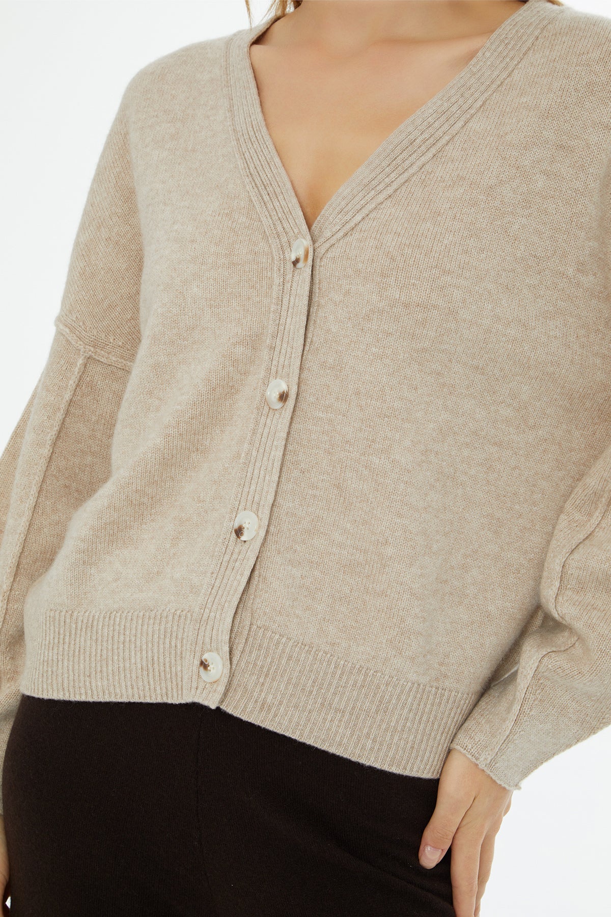 Beige V-Neck Cardigan with Button Closure