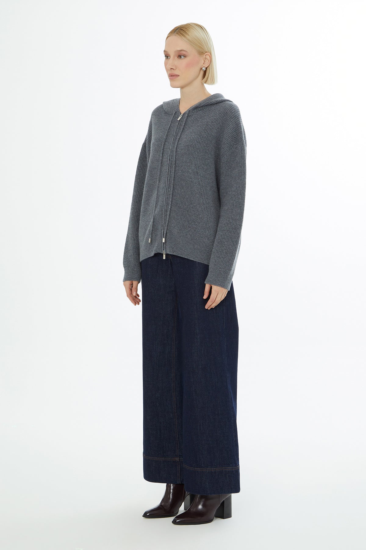 Grey Hooded Cardigan with Zip Closure