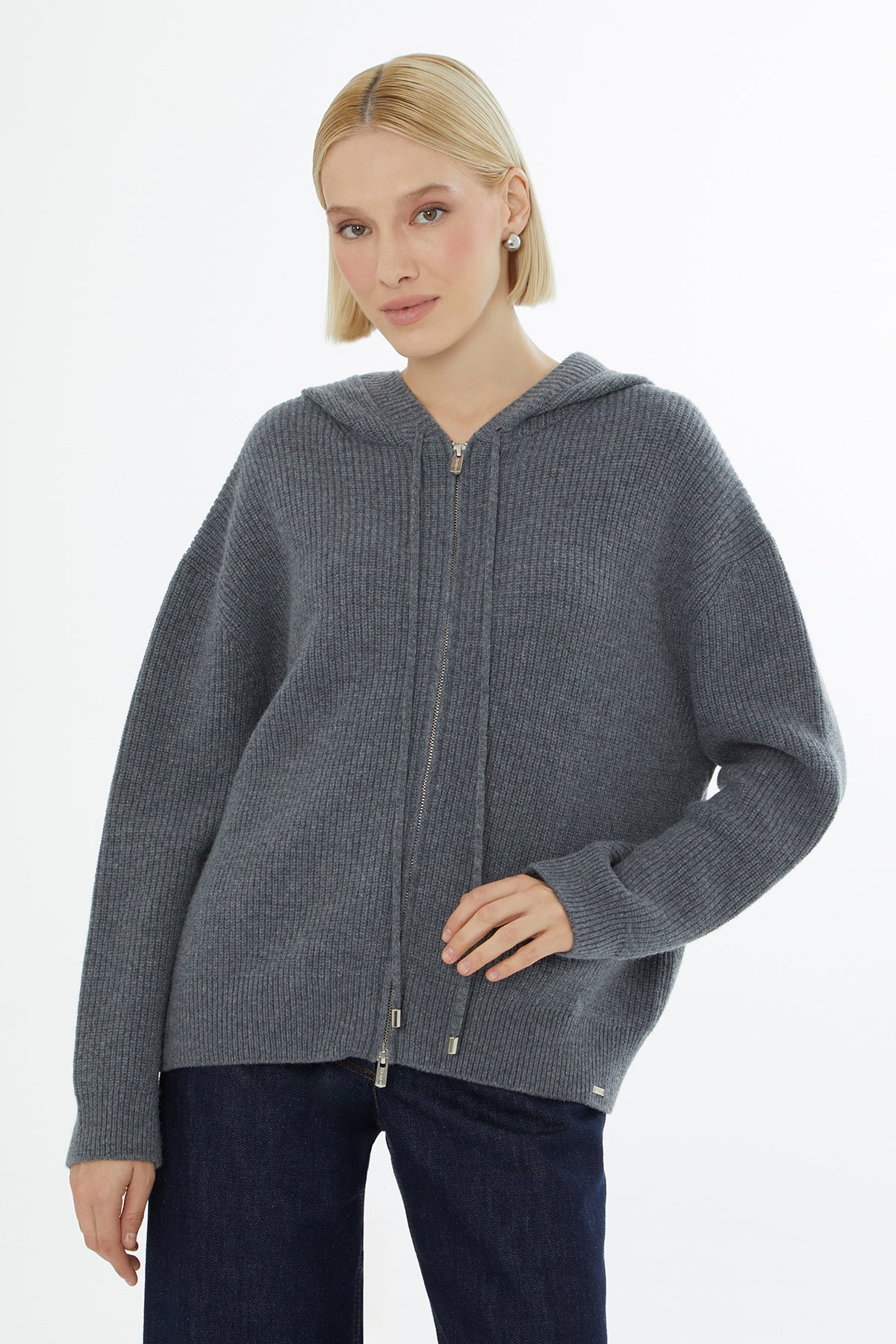 Grey Hooded Cardigan with Zip Closure
