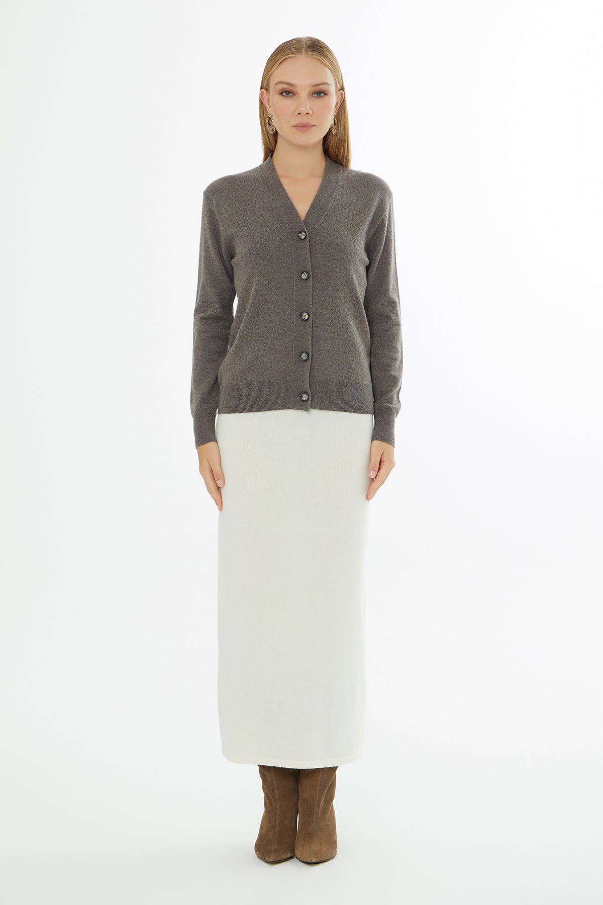 Brown Button-Closure V-Neck Cardigan