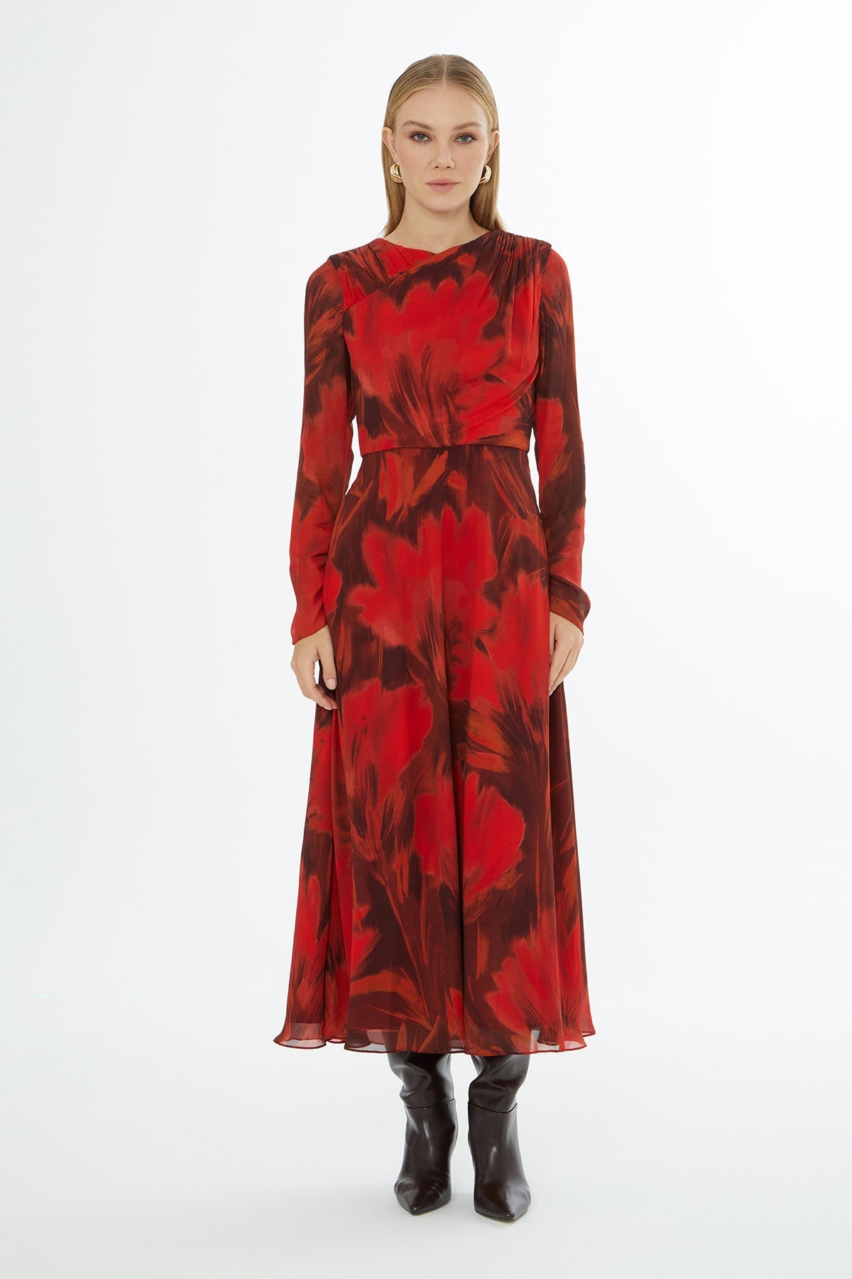 Printed Midi Dress with Shoulder Gathering