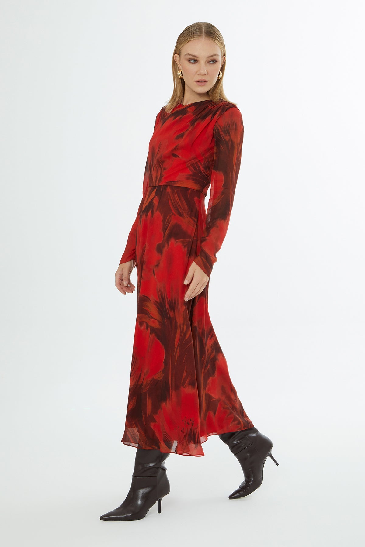 Printed Midi Dress with Shoulder Gathering