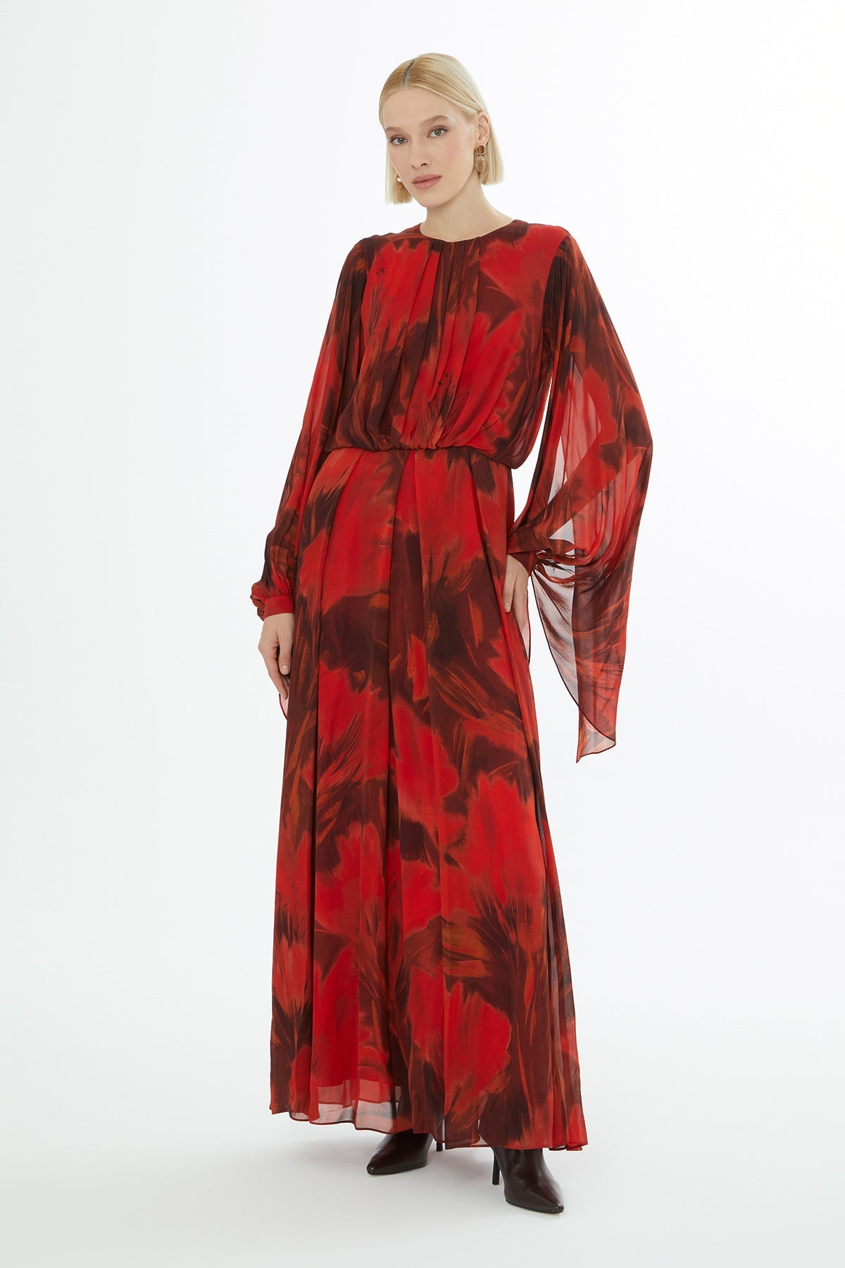 Patterned Long-Sleeve Long Dress