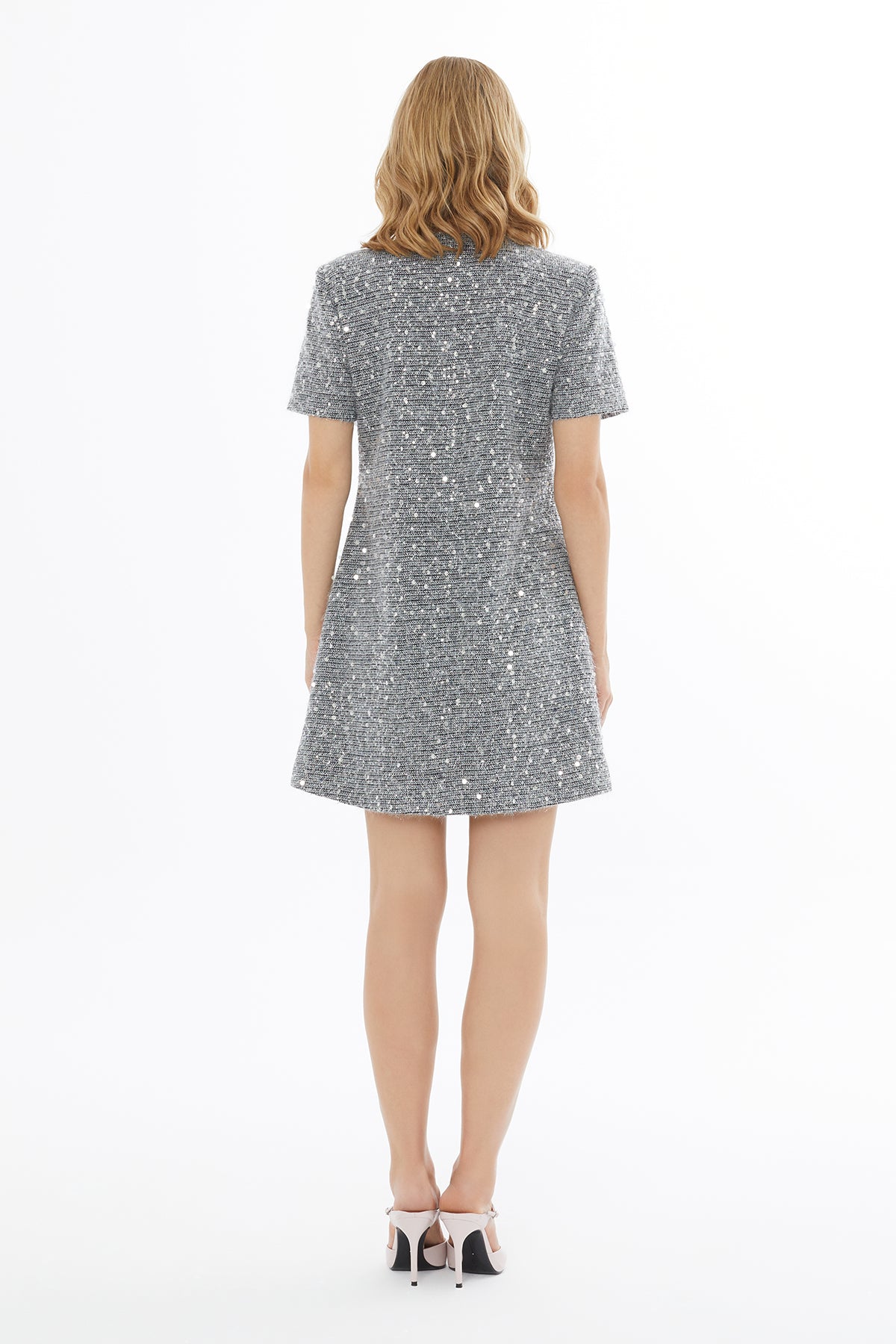 Button Closure Short Sleeve Crew Neck Dress N