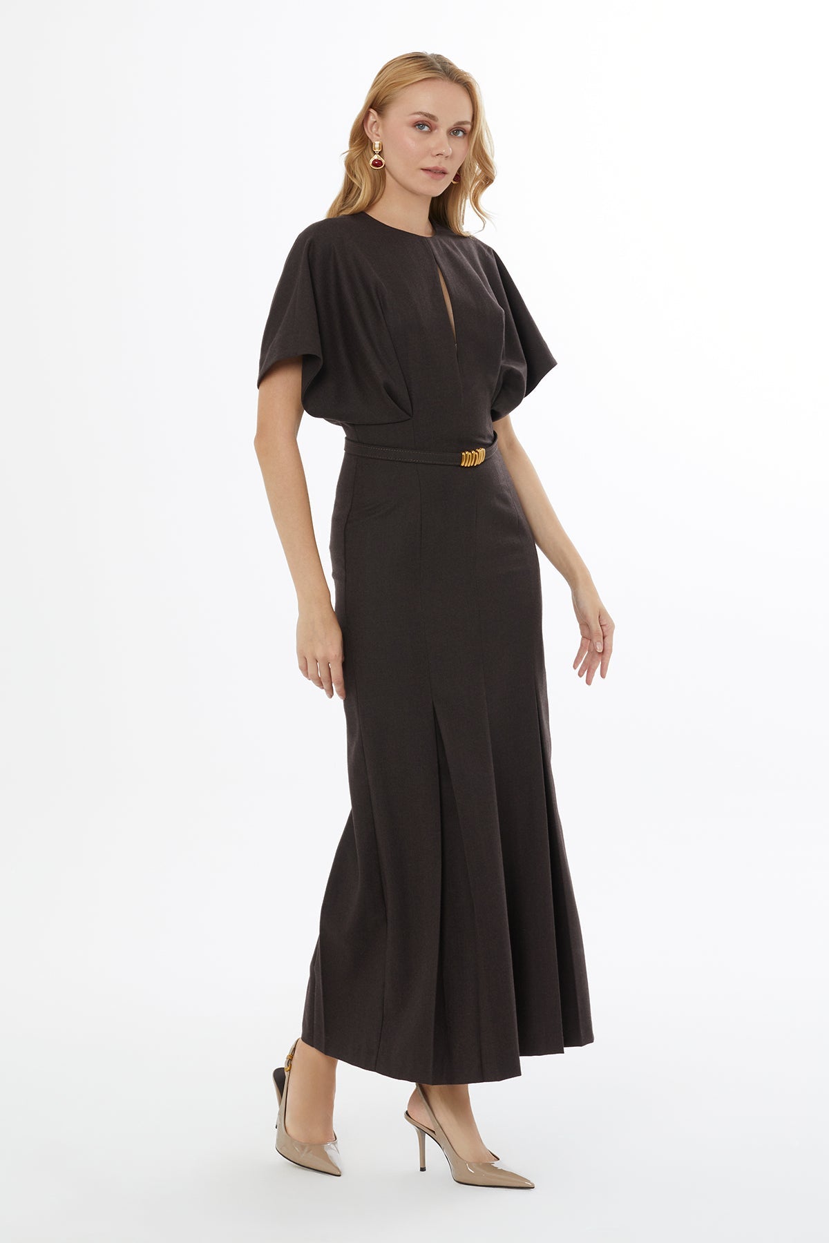 Brown Batwing Sleeve Maxi Dress