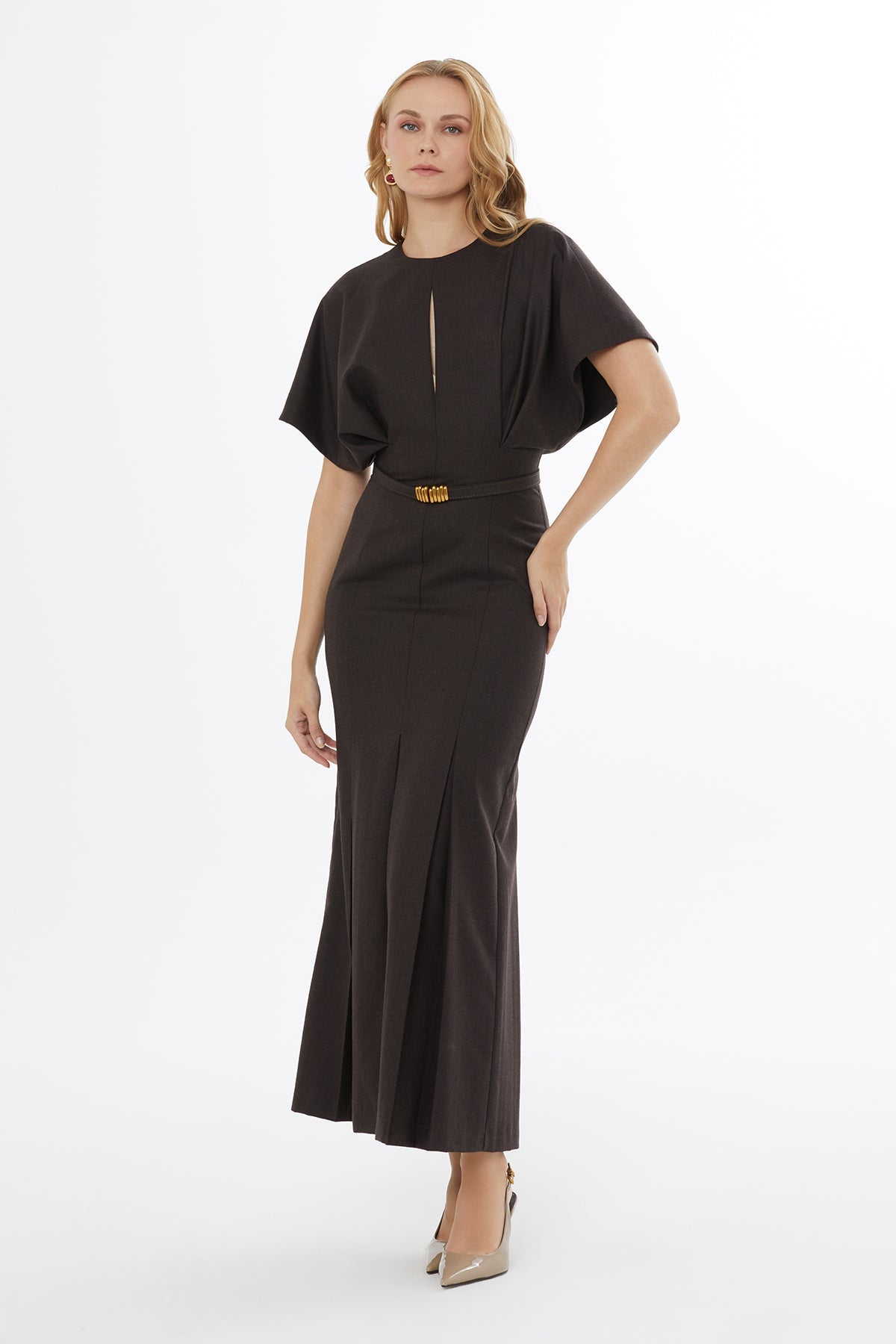 Brown Batwing Sleeve Maxi Dress