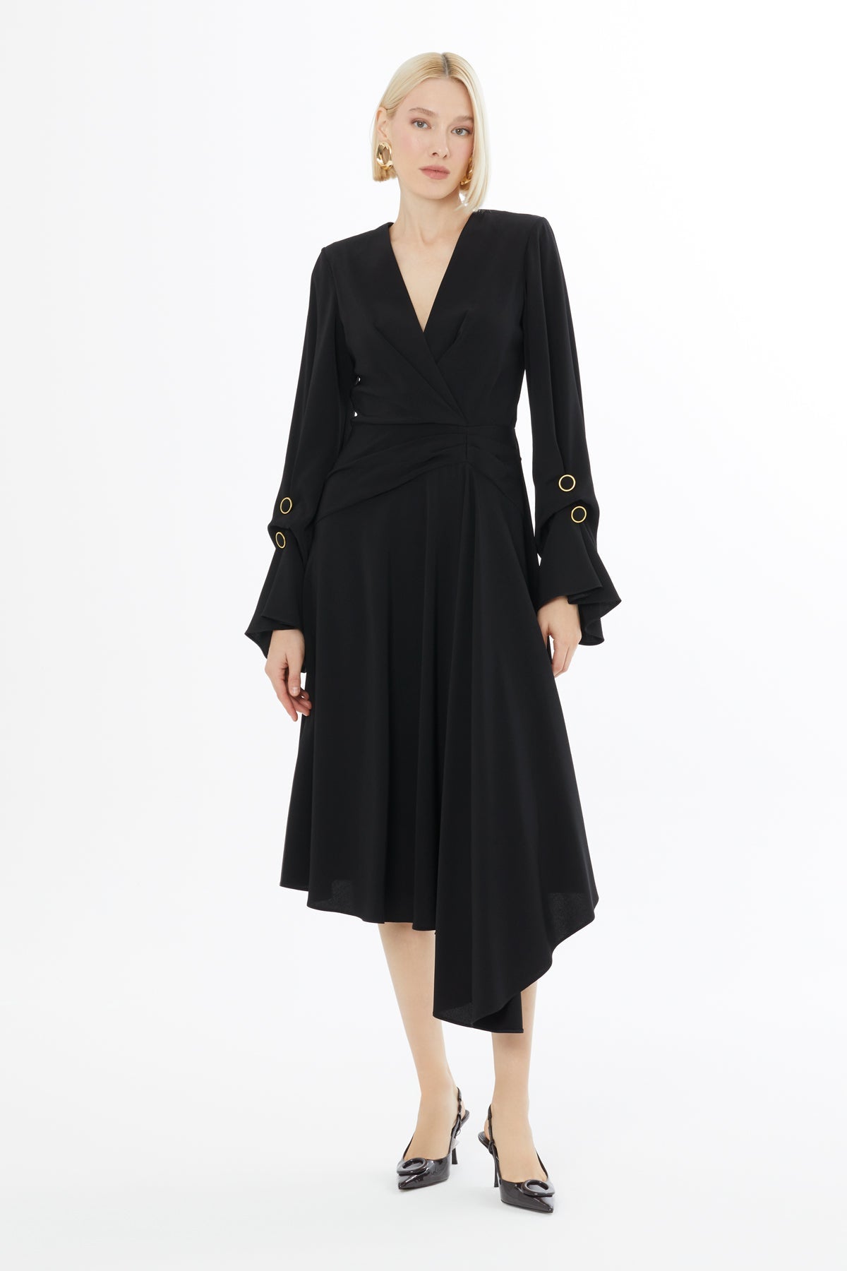 black flared sleeve dress Midi with Sleeves line silhouette Fully lined YGroup_jennaginghamdress Color:As Photo-Royal Blue Cropped Long Sleeve Cardigan