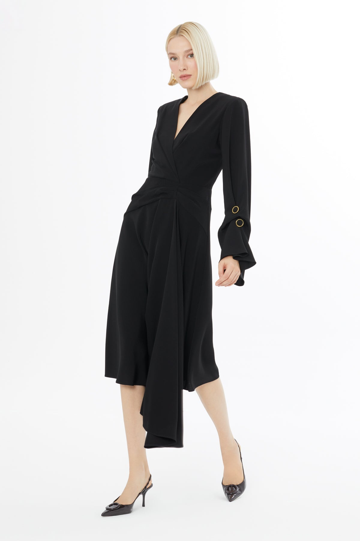 Black Midi Dress with Flared Sleeves