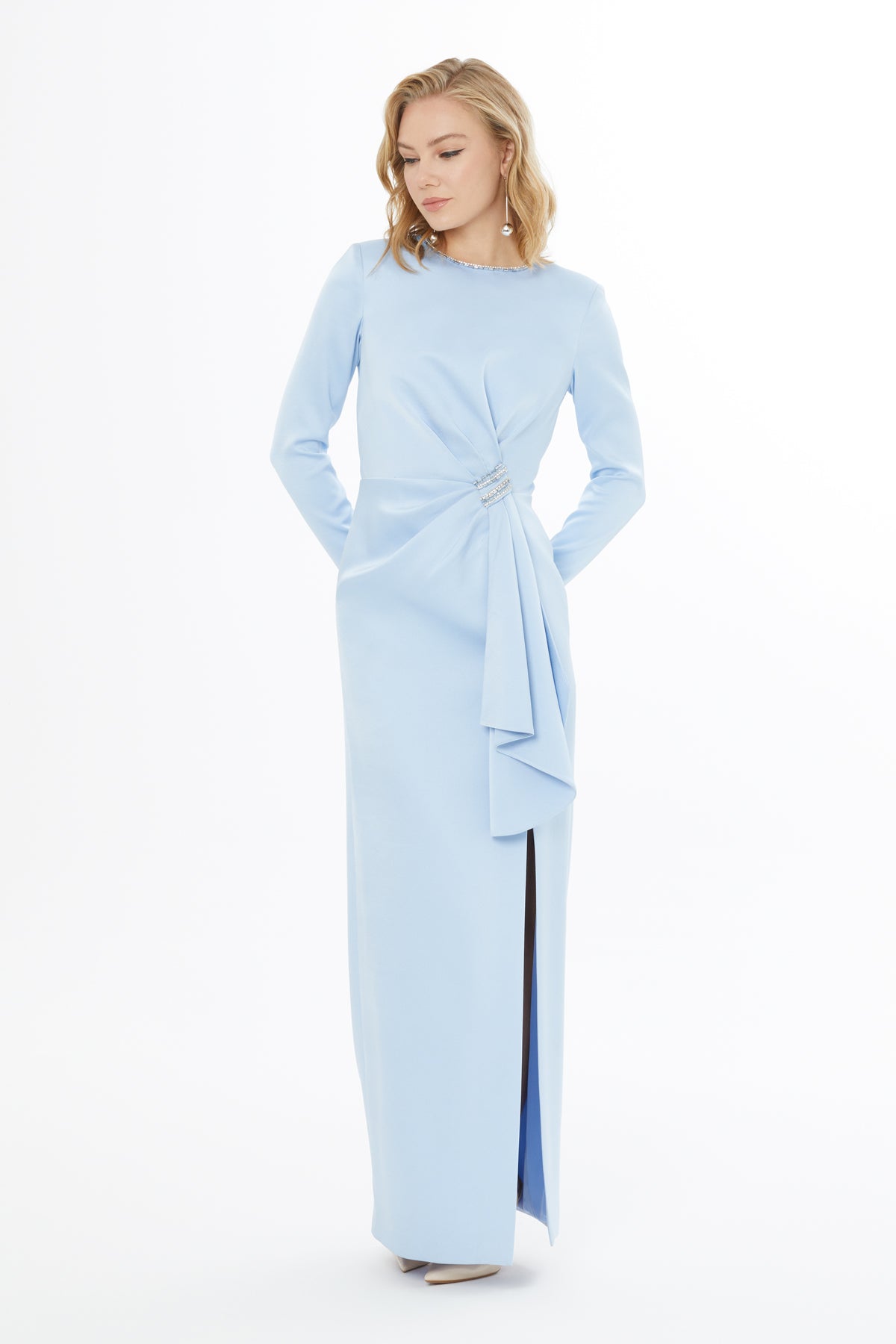 Blue Stone-Embellished Long Dress