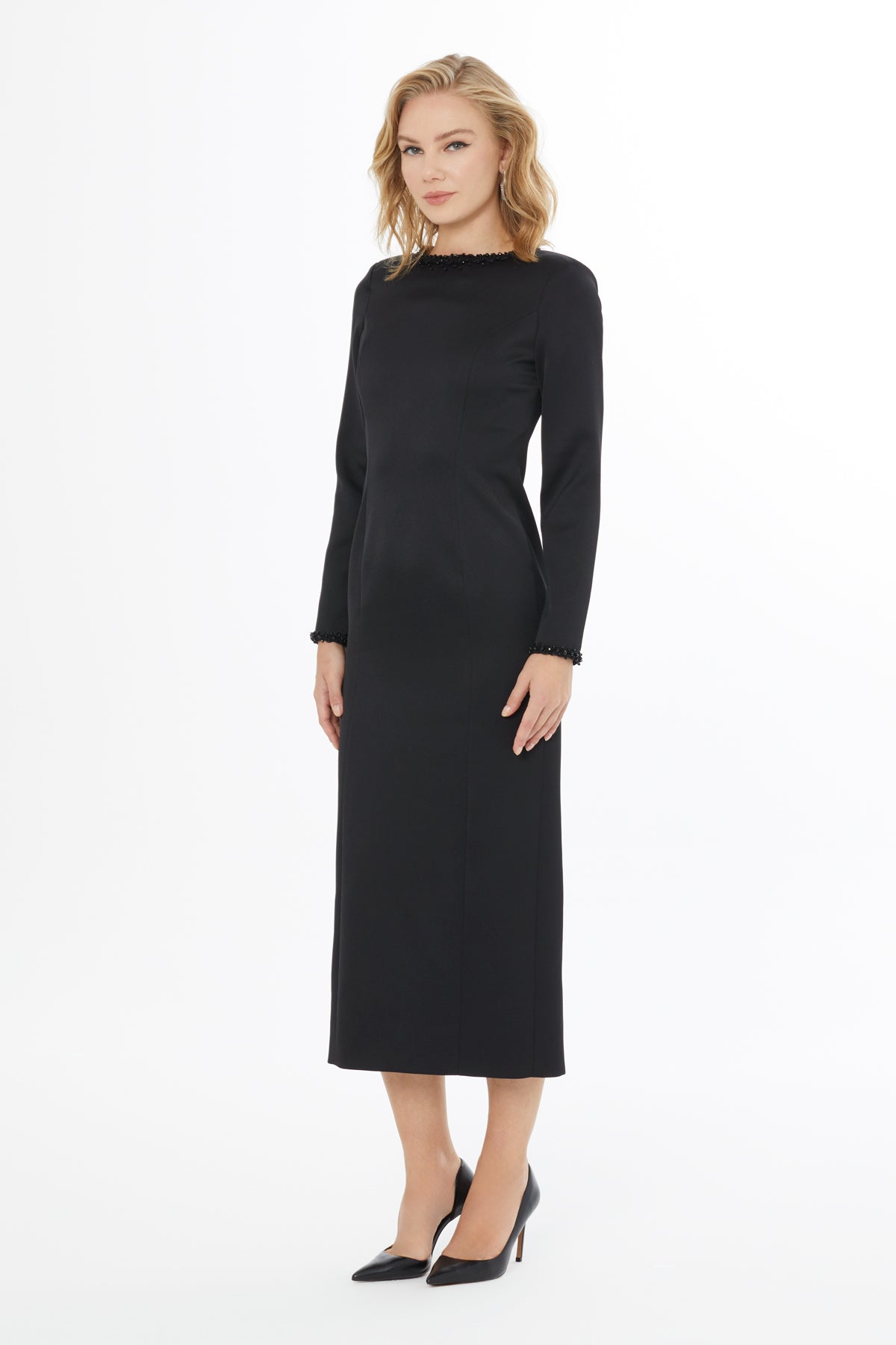 Black Midi Dress with Collar Detail