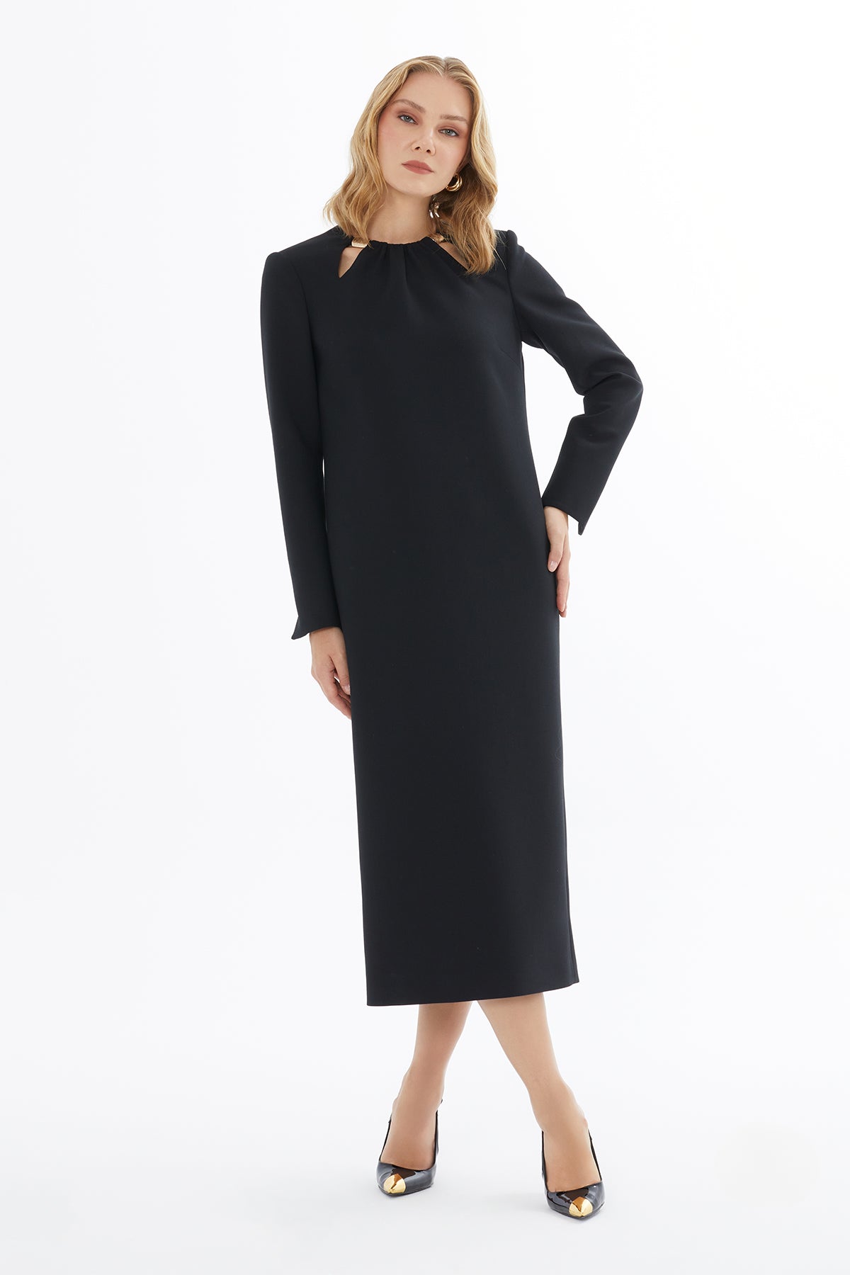 Slit-Sleeve Dress with Metal Detail