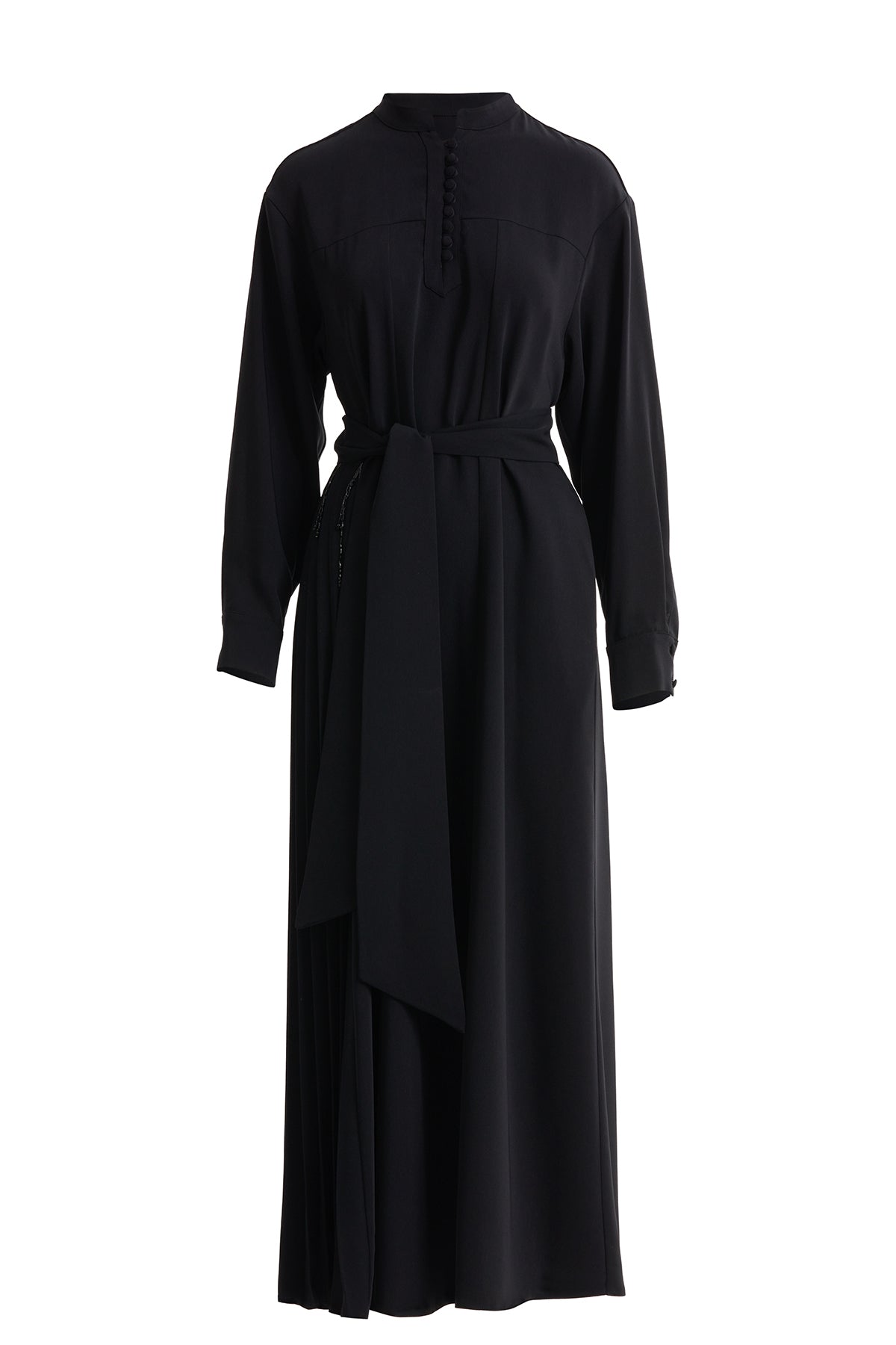 Black Pleated Belted Long Dress