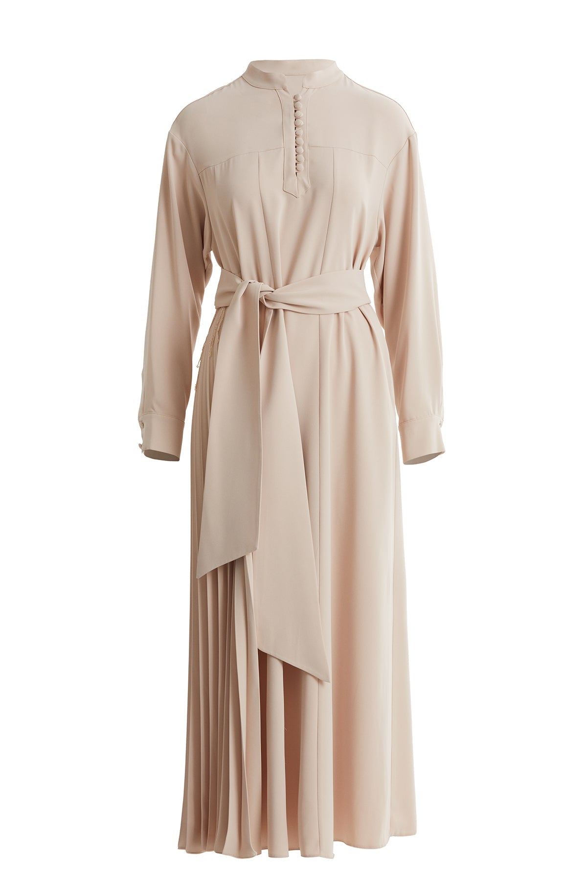 Beige Pleated Belted Long Dress