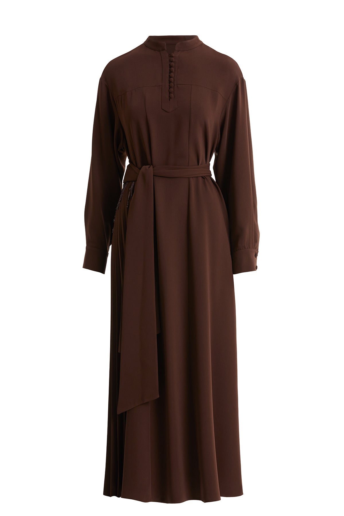 Brown Pleated Belted Long Dress
