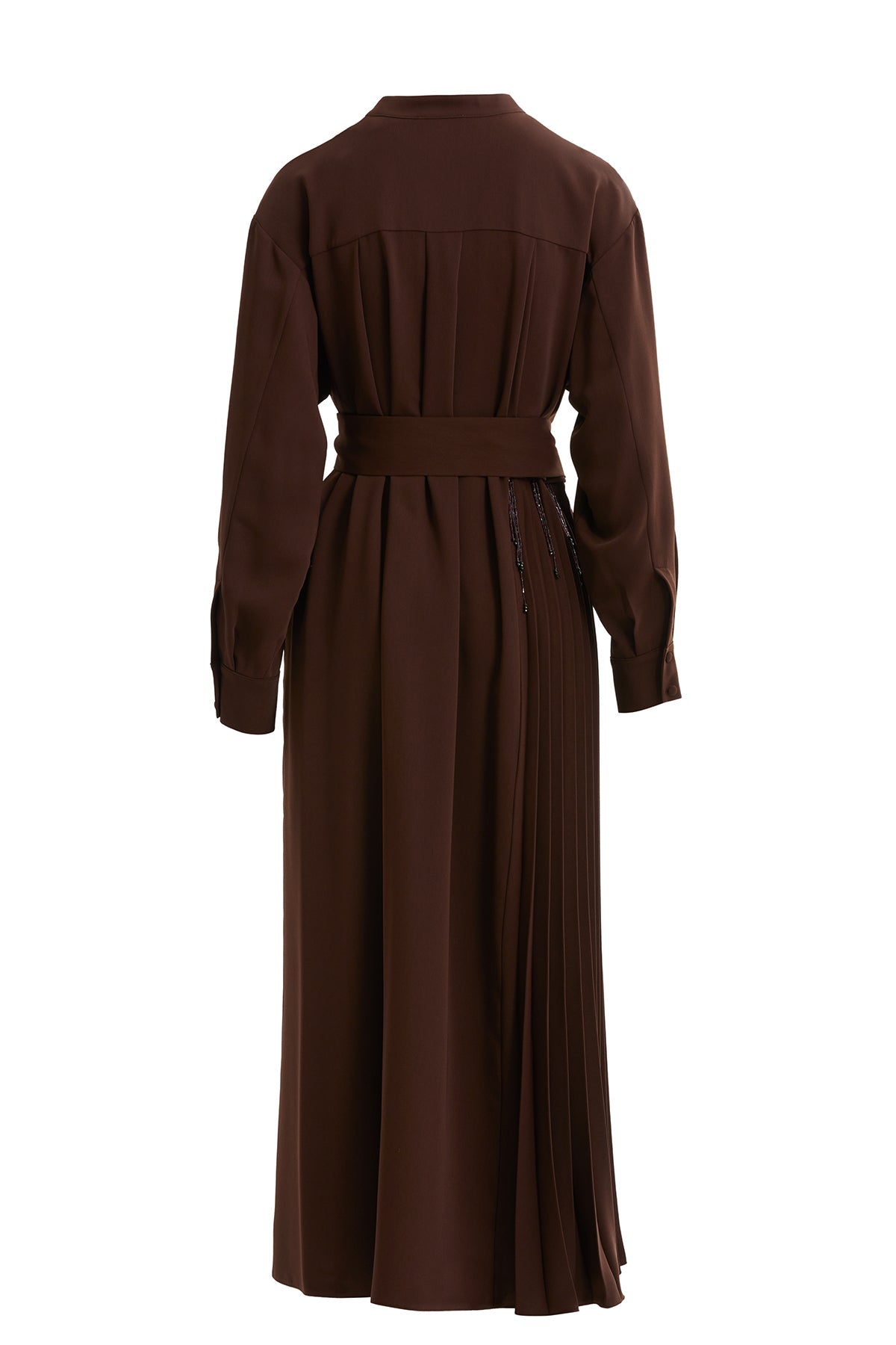 Brown Pleated Belted Long Dress