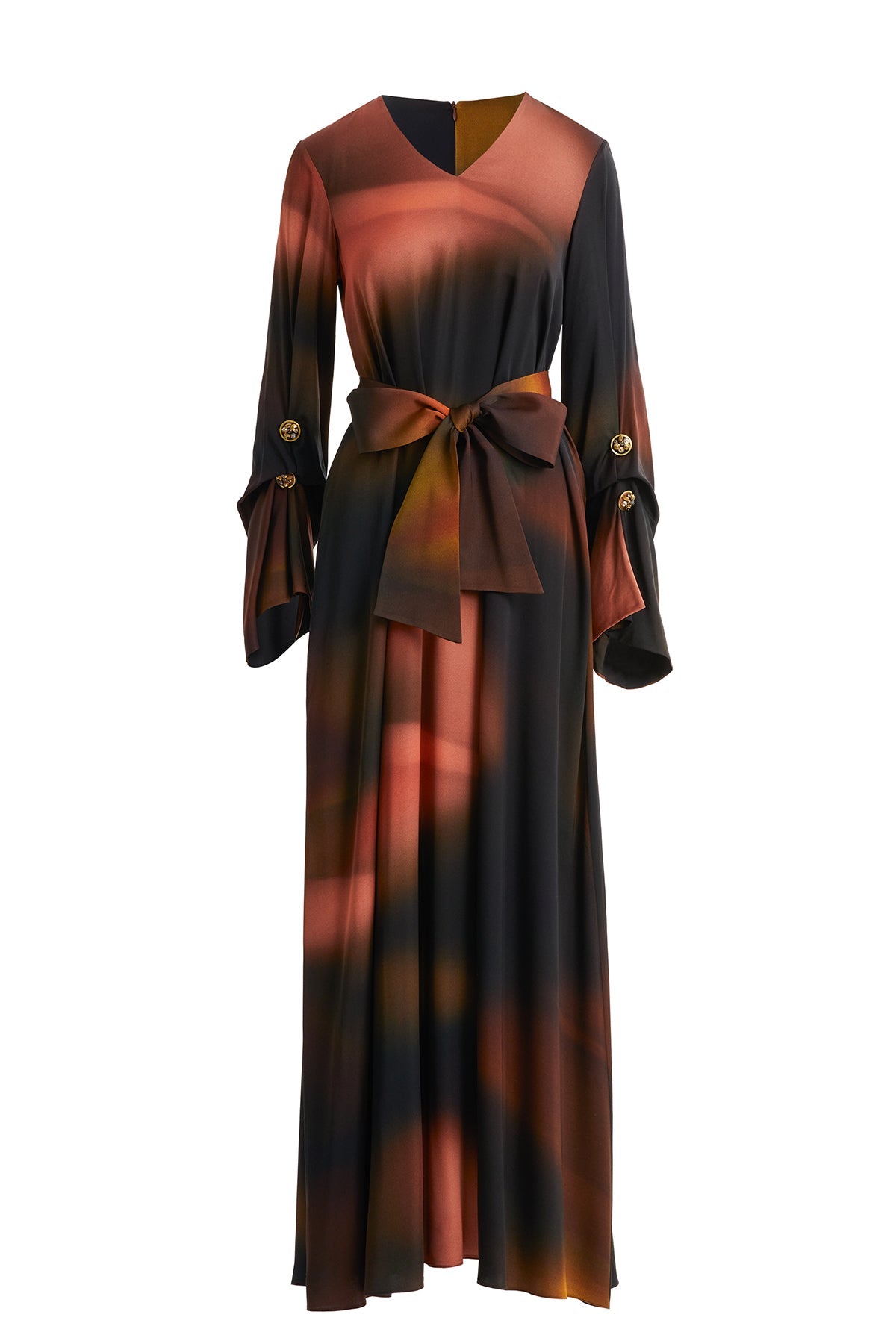 Printed Belted Button-Detail Long Dress