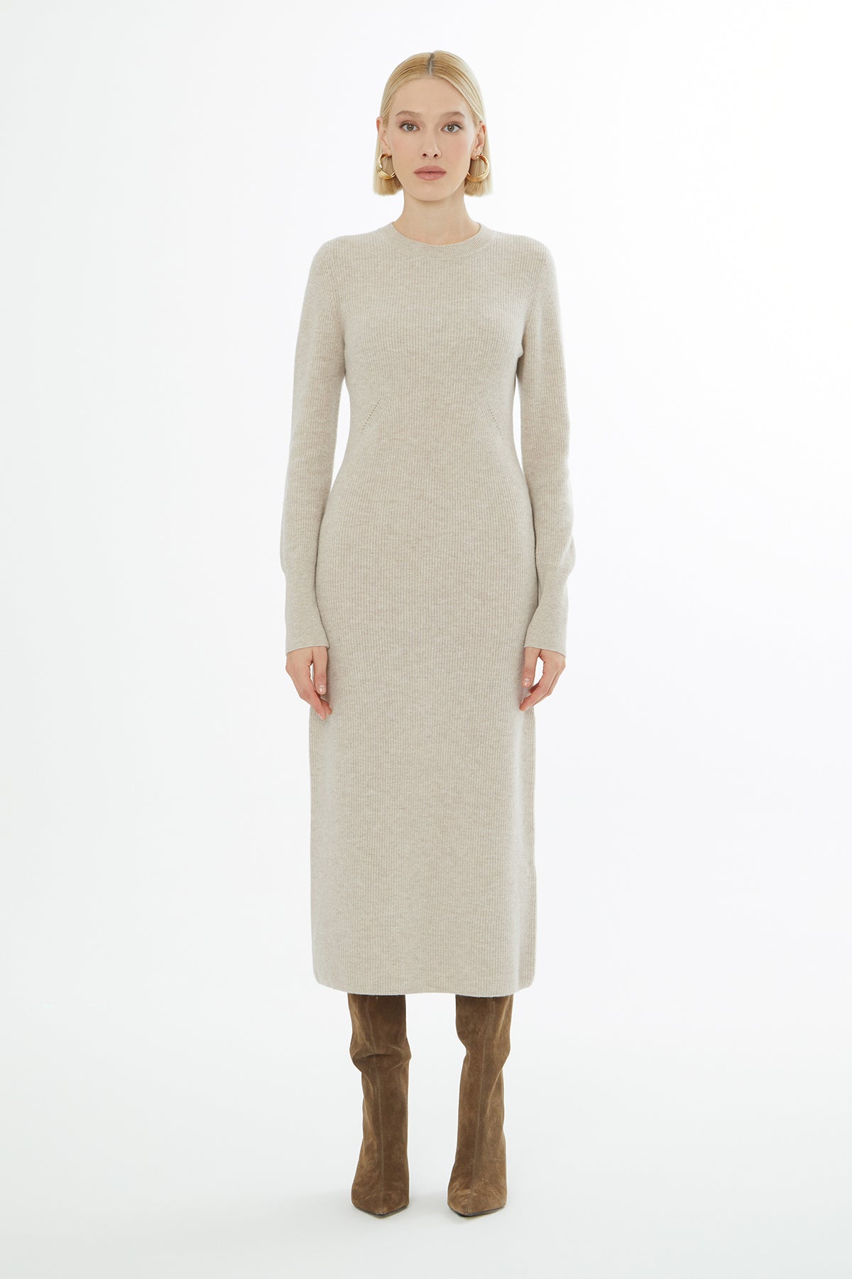 Beige Long-Sleeve Knit Midi Dress