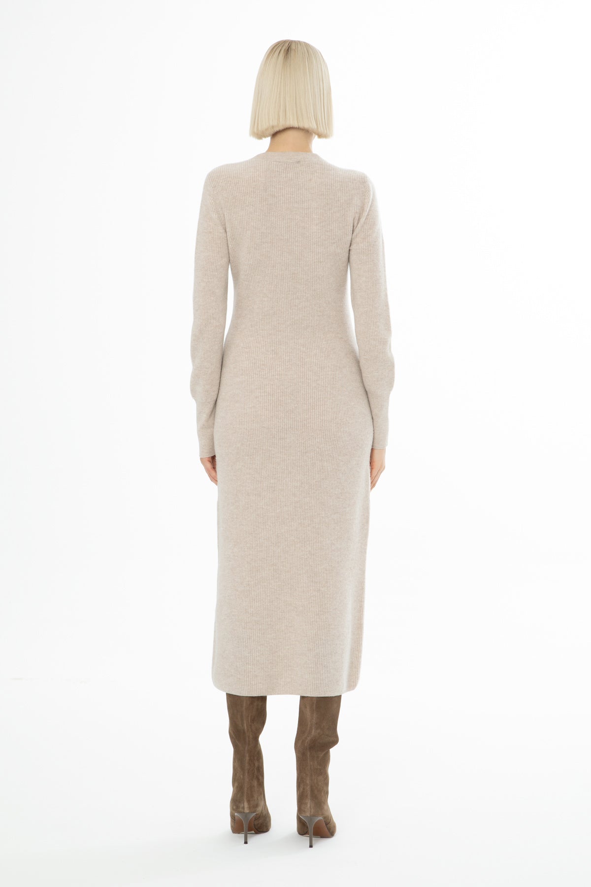 Beige Long-Sleeve Knit Midi Dress