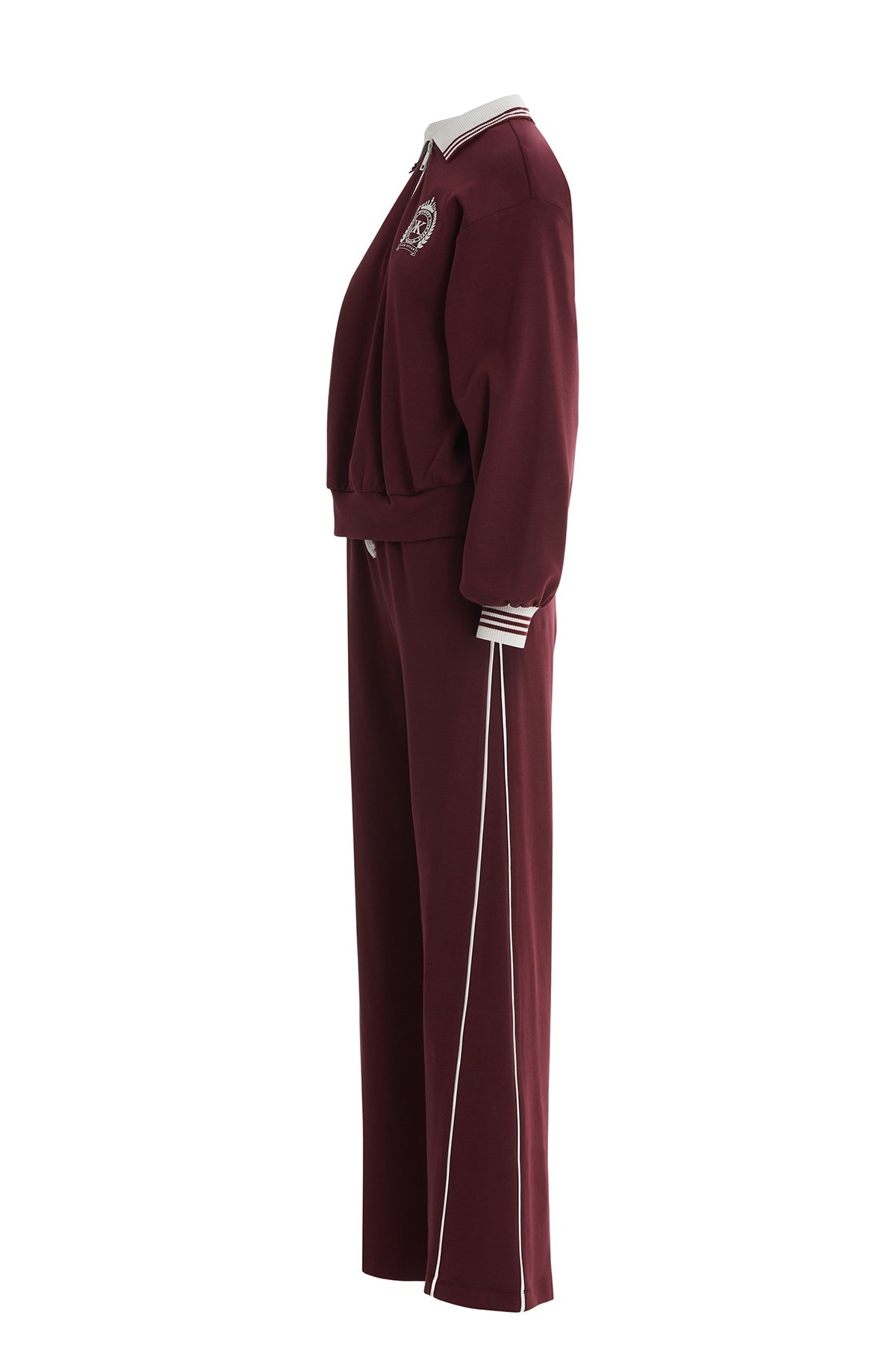 Burgundy Knitted-Collar Tracksuit Set