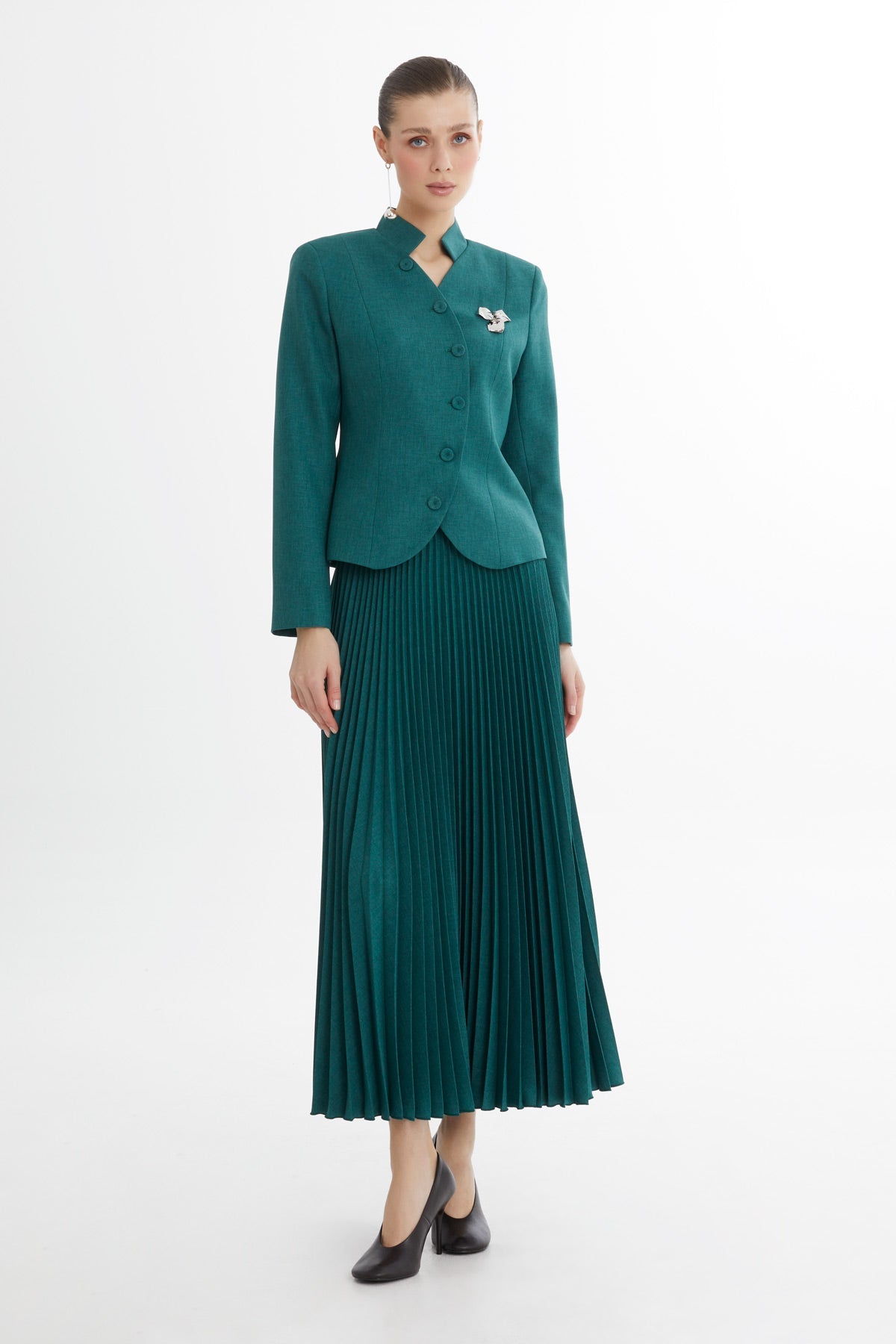 Red Short Jacket Suit with Brooch