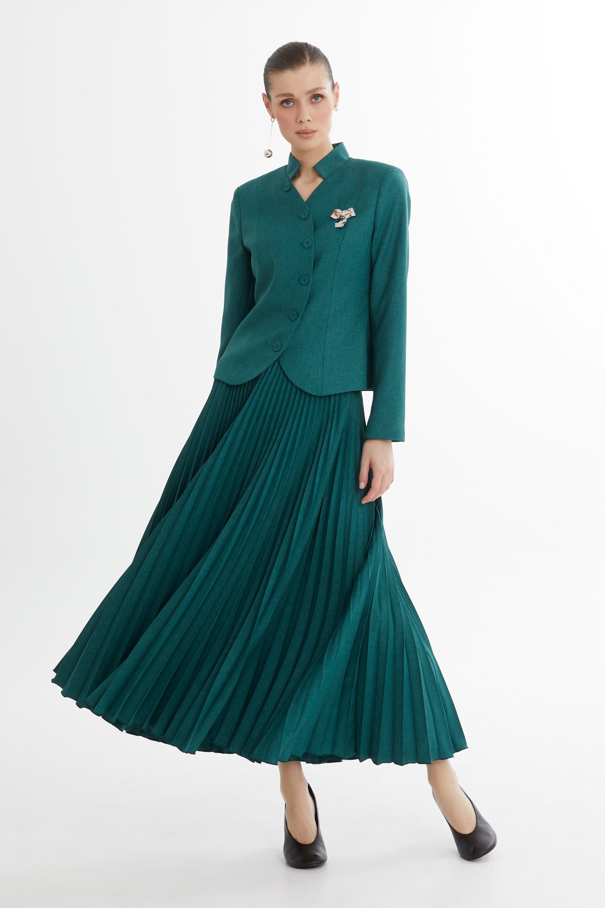 Red Short Jacket Suit with Brooch