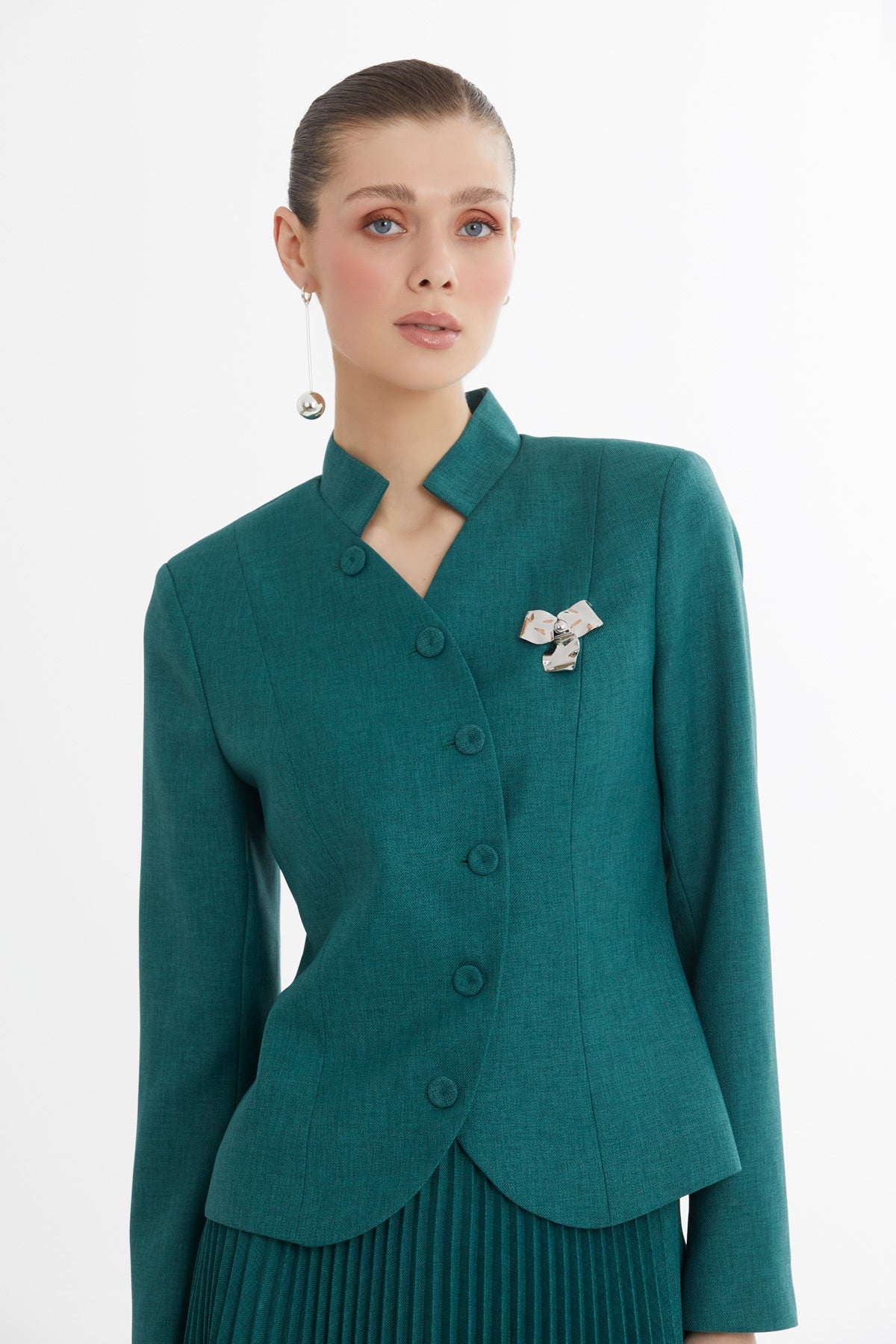 Red Short Jacket Suit with Brooch