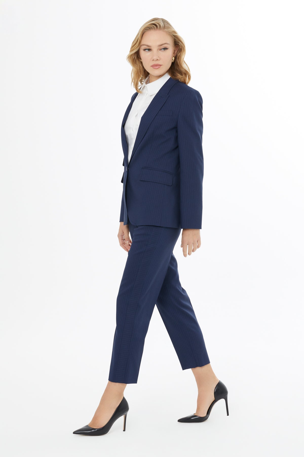 Navy Jacket and Carrot Pants Suit