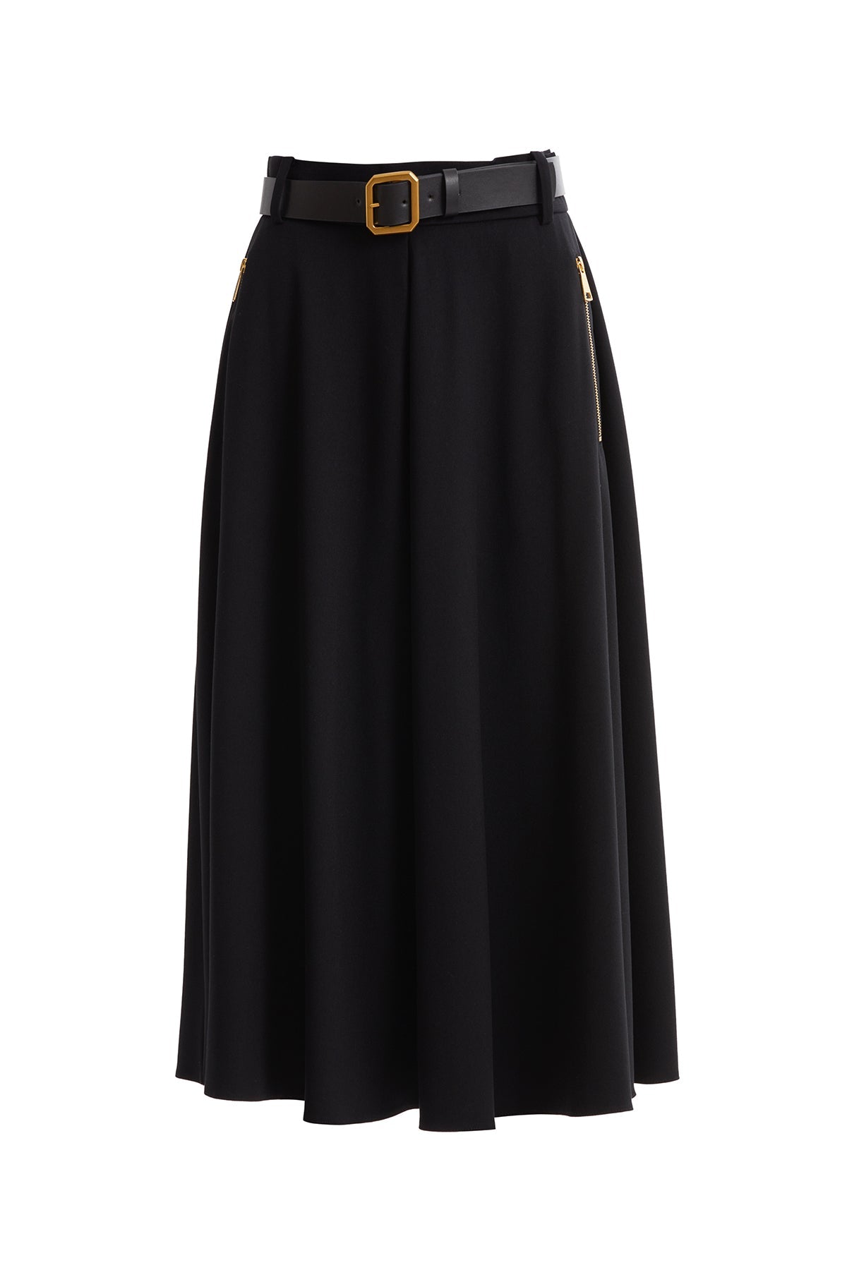Black Pleated Midi Skirt with Belt