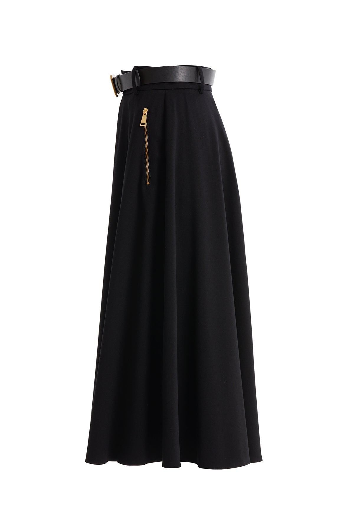 Black Pleated Midi Skirt with Belt