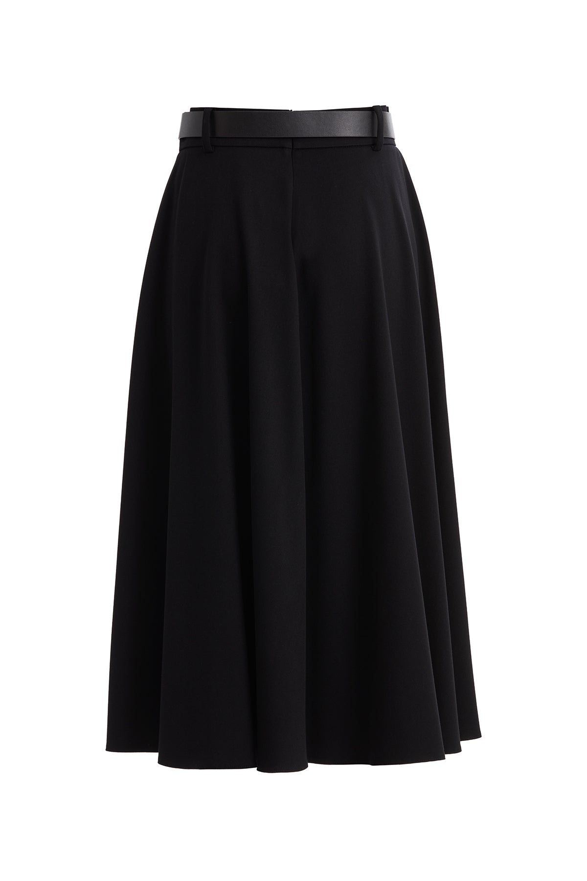 Black Pleated Midi Skirt with Belt