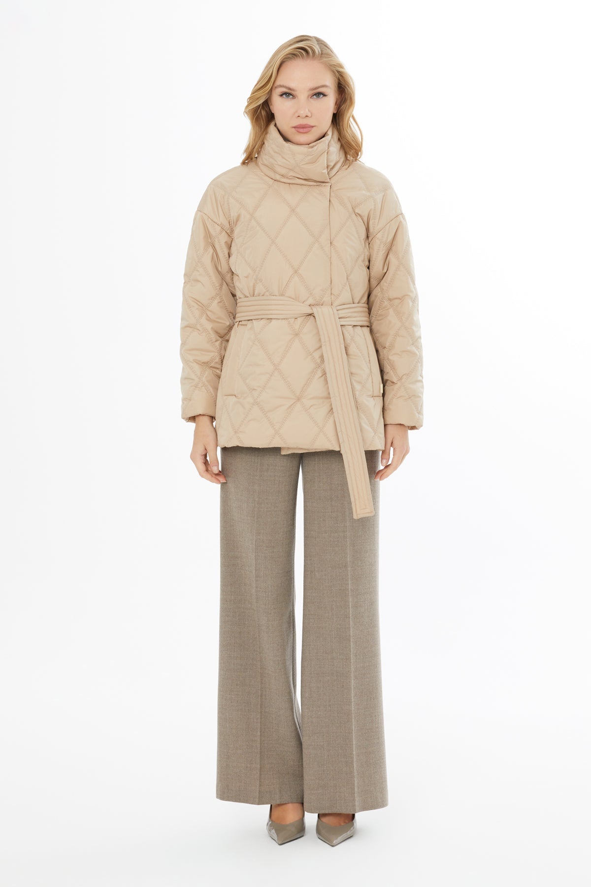 Beige Belted Short Quilted Coat