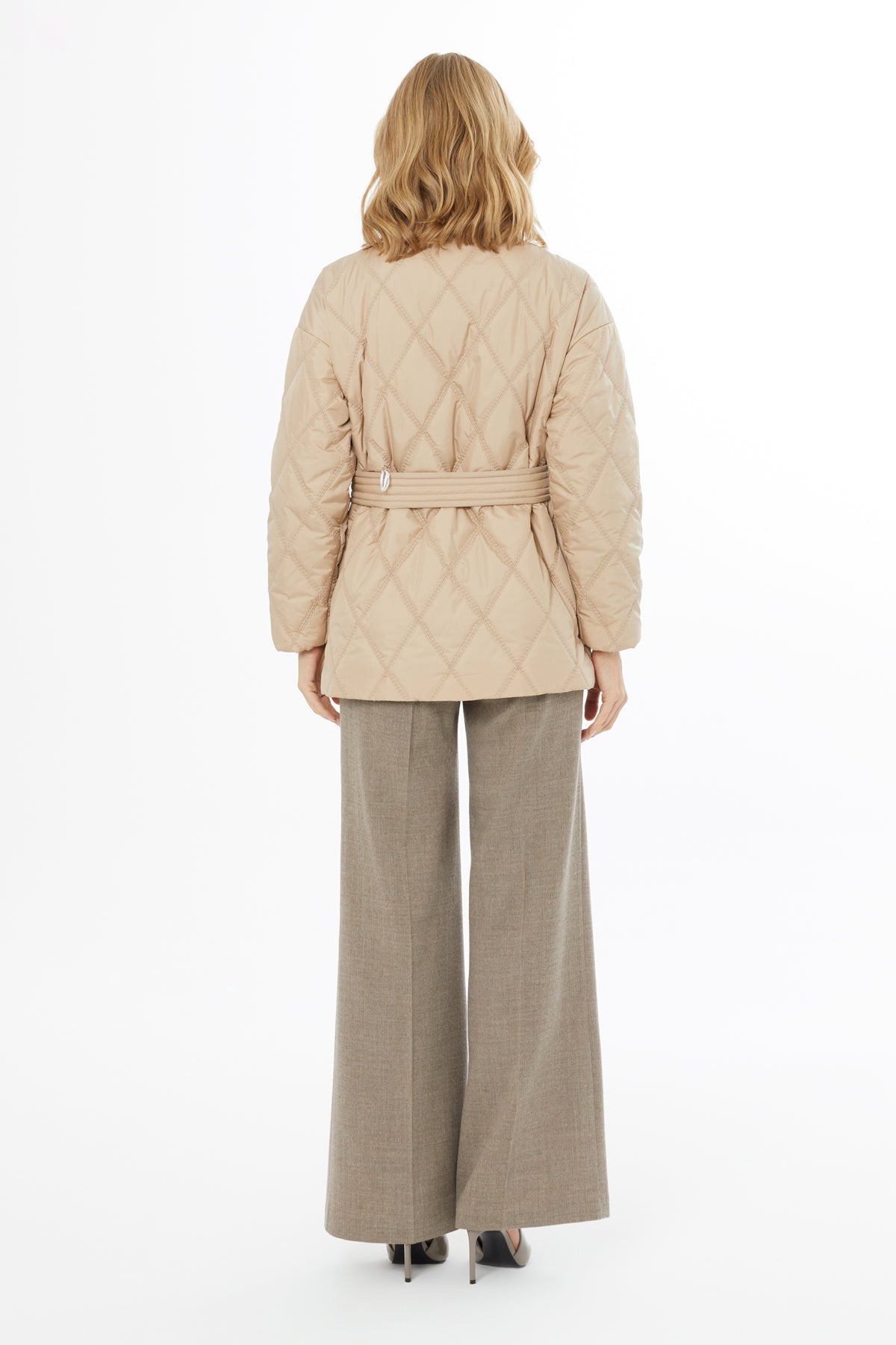 Beige Belted Short Quilted Coat