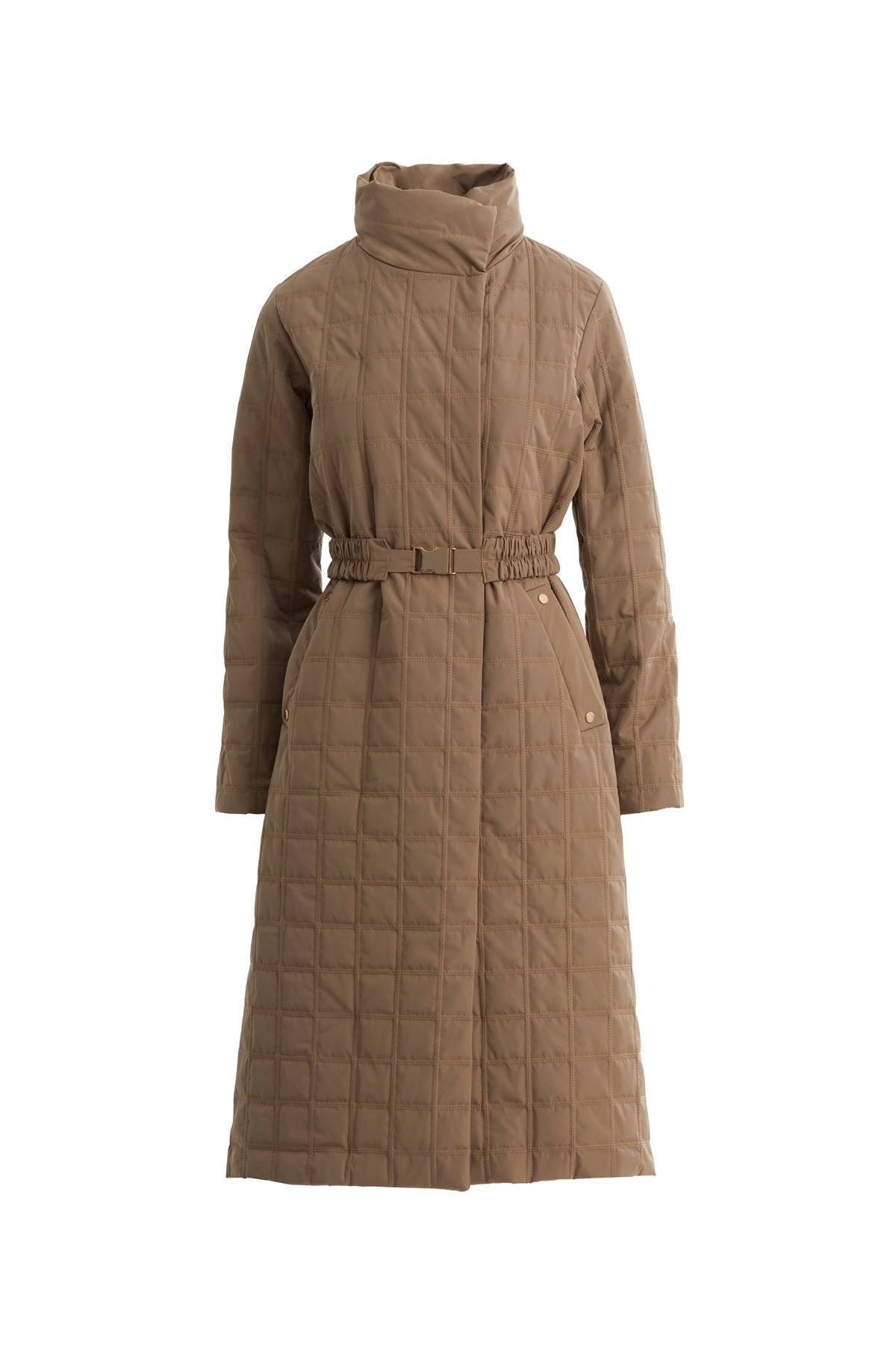 Beige Quilted Belted Buckle Coat
