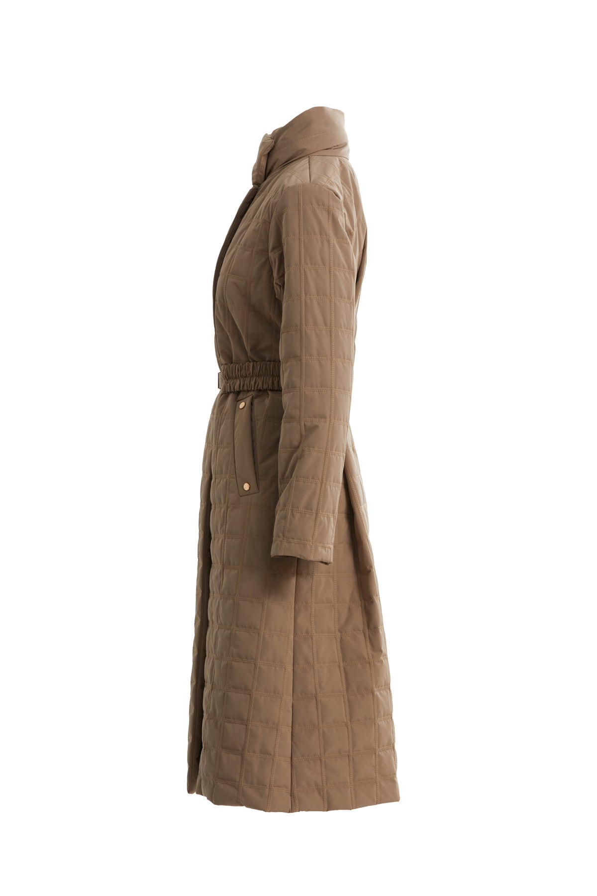 Beige Quilted Belted Buckle Coat