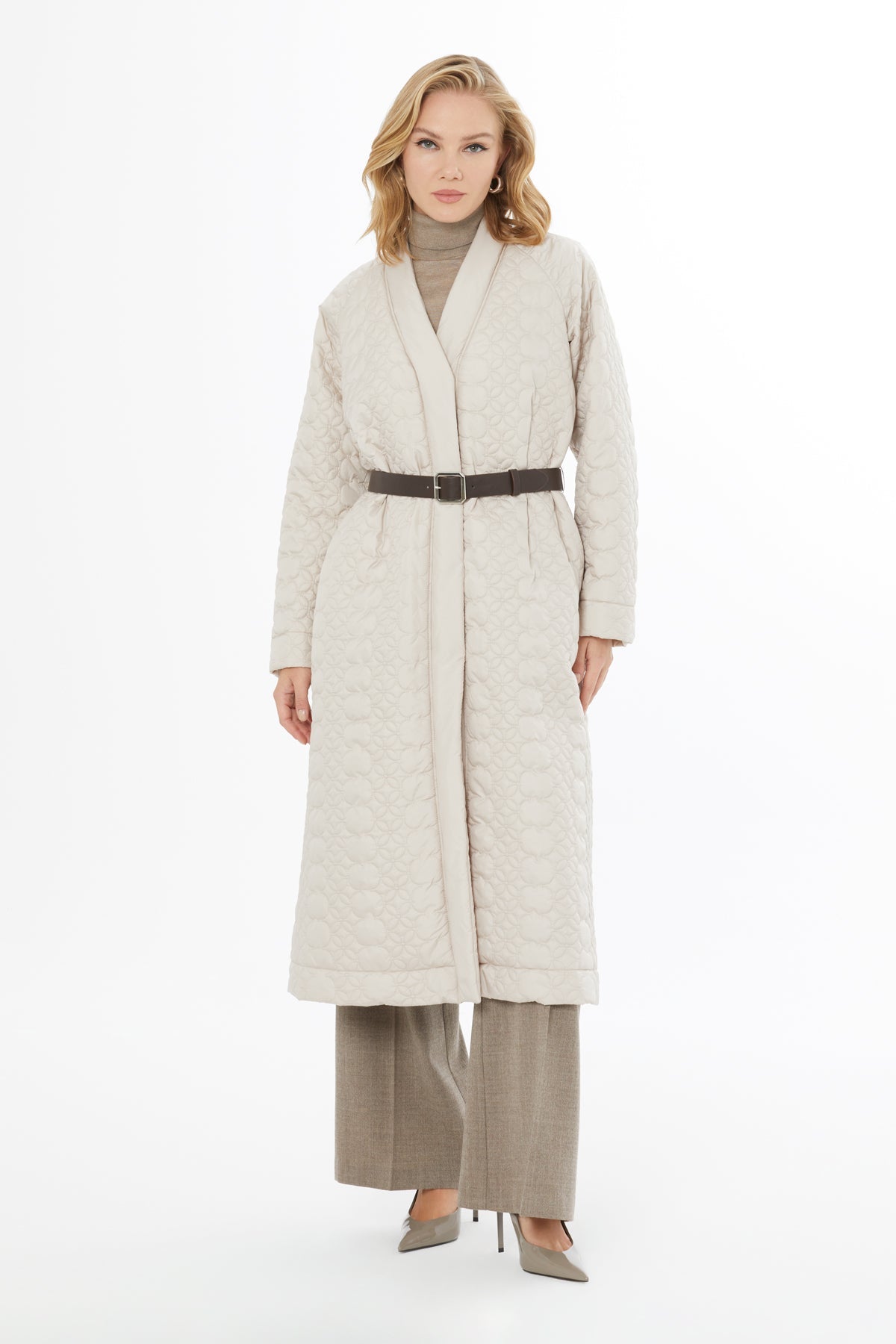 Beige Belted Long Quilted Coat