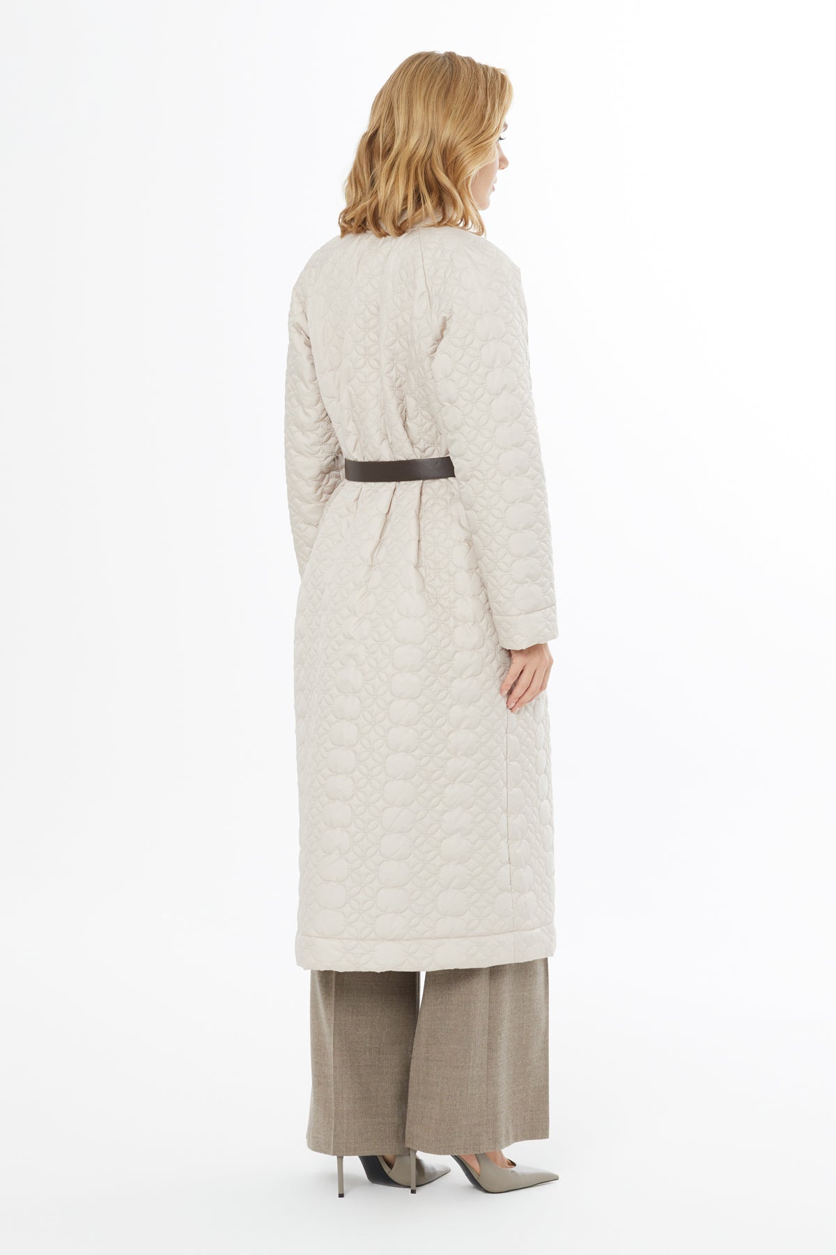 Beige Belted Long Quilted Coat