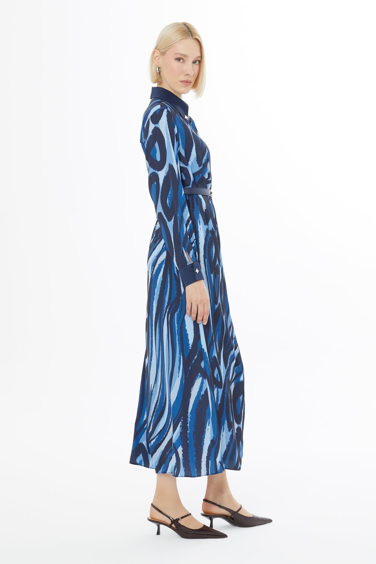Printed Midi Dress with Shirt Collar