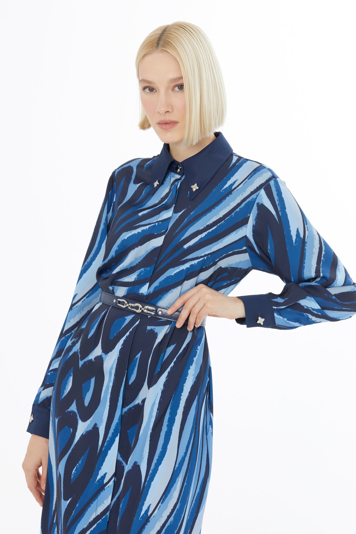 Printed Midi Dress with Shirt Collar